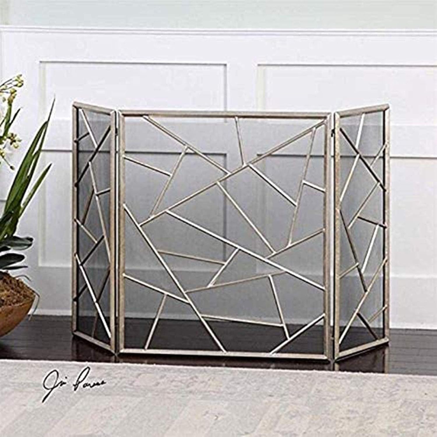Mesh Fireplace Screen 3 Panel Foldable Fire Screen Protector Fireplace Fence with Geometric Patterns Indoor and Outdoor Freestanding Spark Guard for Baby Pet 135×85cm / 53×33.5inch Bedroom Dé (Gold)
