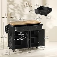 Vista 7 de HOMCOM Carrito de Isla de Cocina con Superficie de Madera de Caucho, Mesa de Isla de Cocina Rodante sobre Ruedas con Cajones, Estantes Ajustables