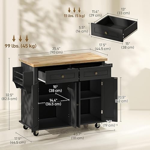 Miniatura 7 de HOMCOM Carrito de isla de cocina con parte superior de madera de goma, mesa de isla de cocina con ruedas con cajones, estantes ajustables, estante