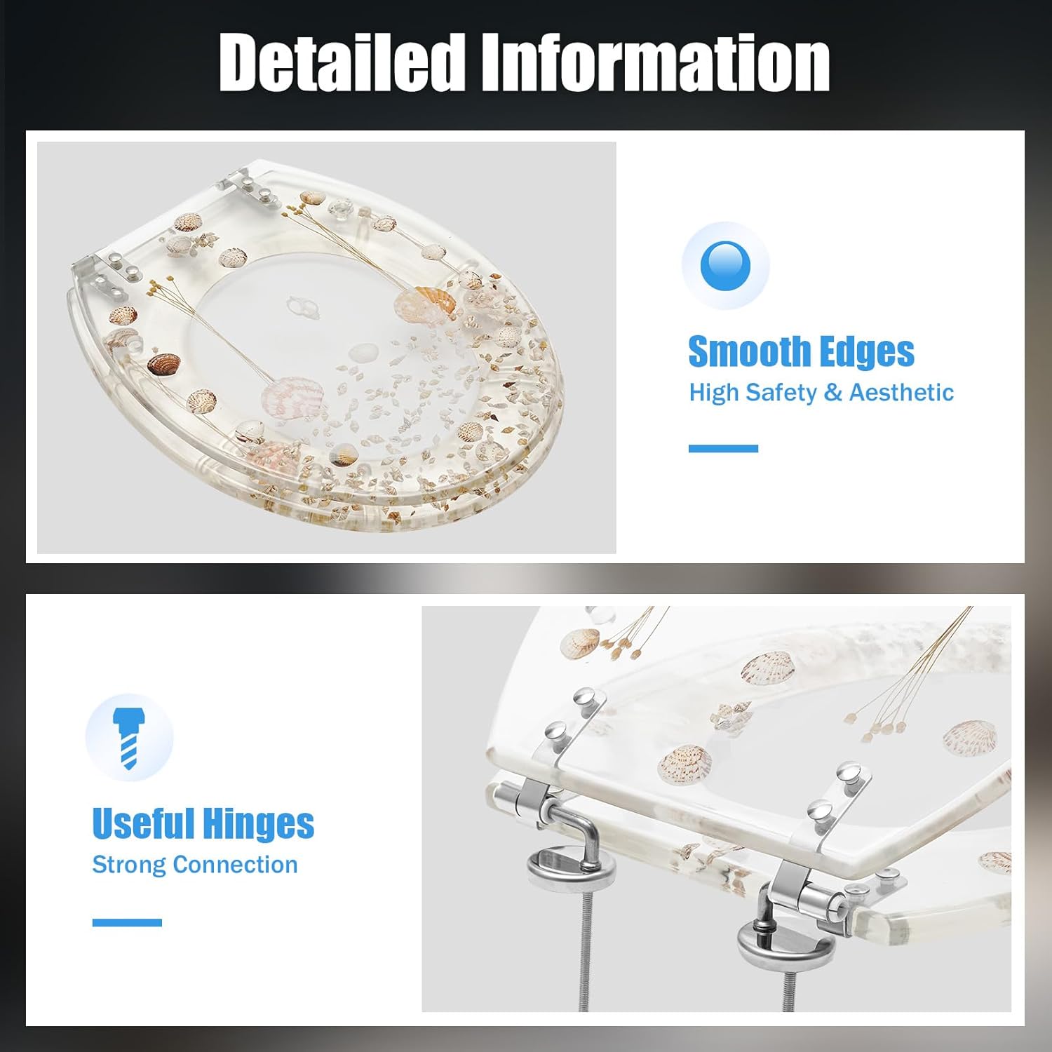 Resin Toilet Seat, Transparent Resin Round Front Toilet Seat, Transparent Ocean Acrylic Toilet Seats