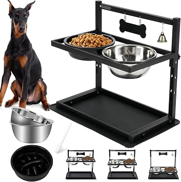 Elevated Dog Bowls with Slow Feeder for Large Dogs – Adjustable Raised Stand with 2 Stainless Steel Bowls & Spill-Proof Mat,