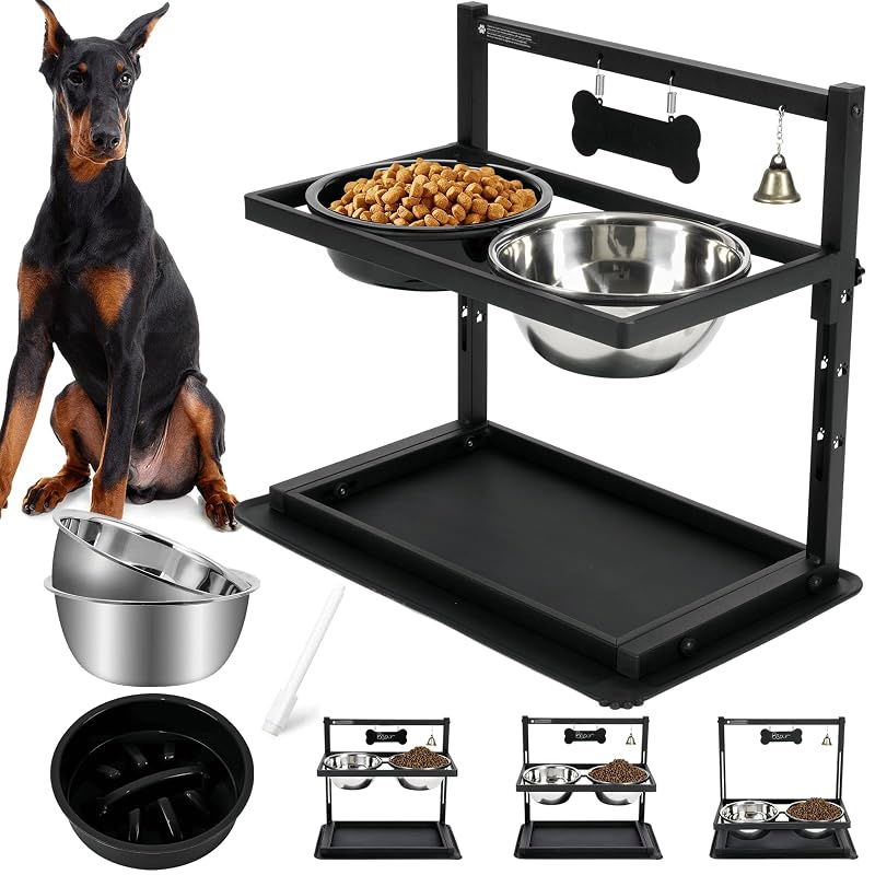 Comedouro elevado para cães com alimentador lento, 2 tigelas de aço inoxidável e tapete antirrespingo SHAINFUN – Grande, Preto