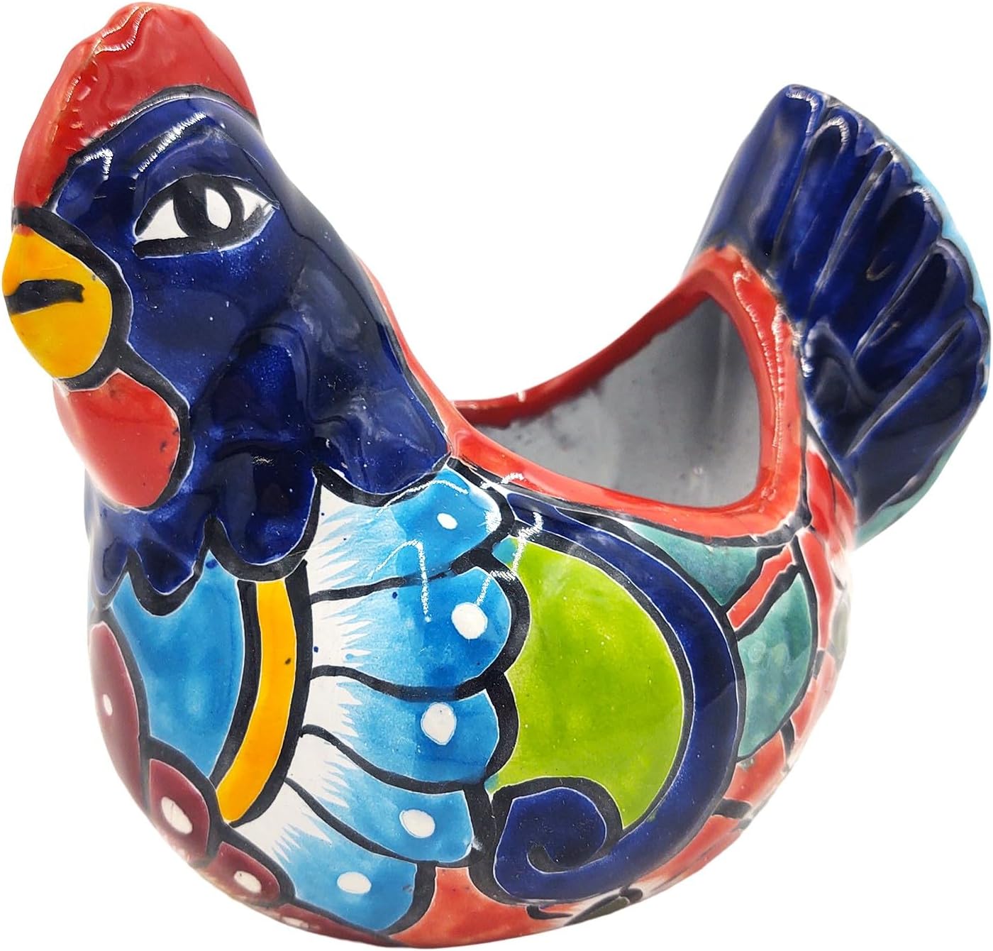 Cactus Canyon Ceramics GALLINA Chica (Small Chicken) Mexican Talavera Planter Pot (9" L x 6" W x 7" H) Hand Painted - RED Trim - Mexican Decor Hen Planter
