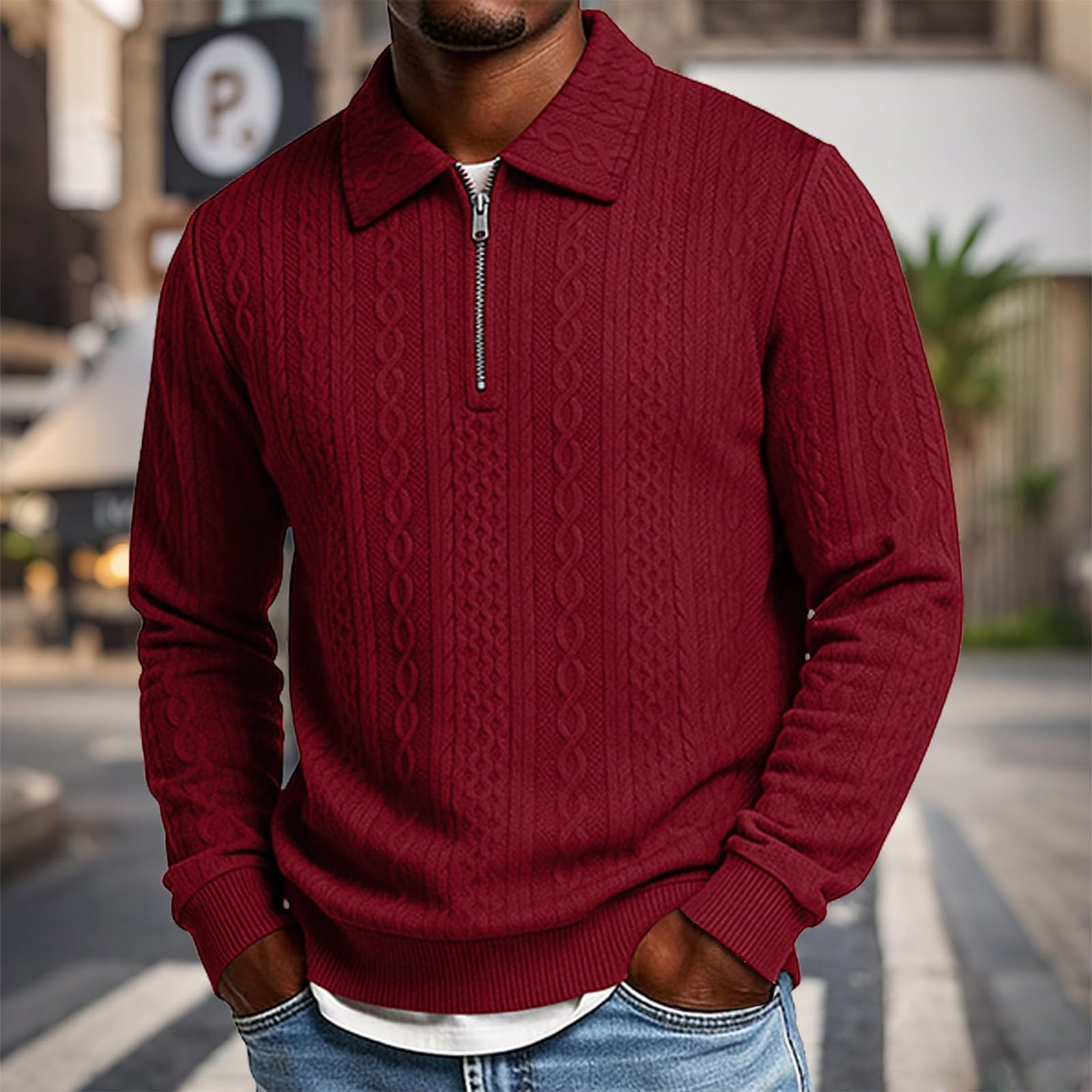 Maglia invernale da uomo a maniche lunghe, con chiusura lampo