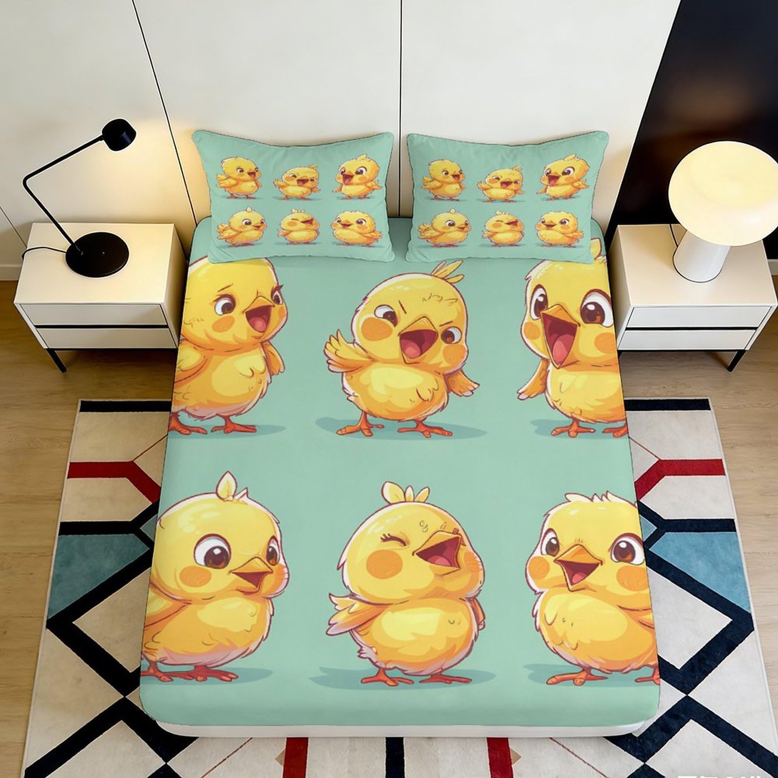3D Printed Cartoon Chick Fitted Sheet Microfiber Soft Mattress Cover Yellow Animal Pattern for Bedroom Dorm Home Decor 160x200x25cm