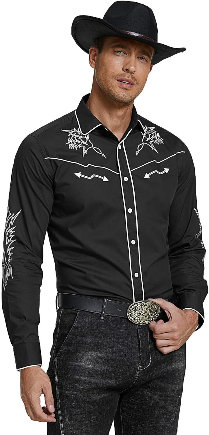 COOFANDY Men's Western Cowboy Shirt Long Sleeve Embroidered Shirt Slim Fit Cotton Casual Button Down Shirt - Image 2