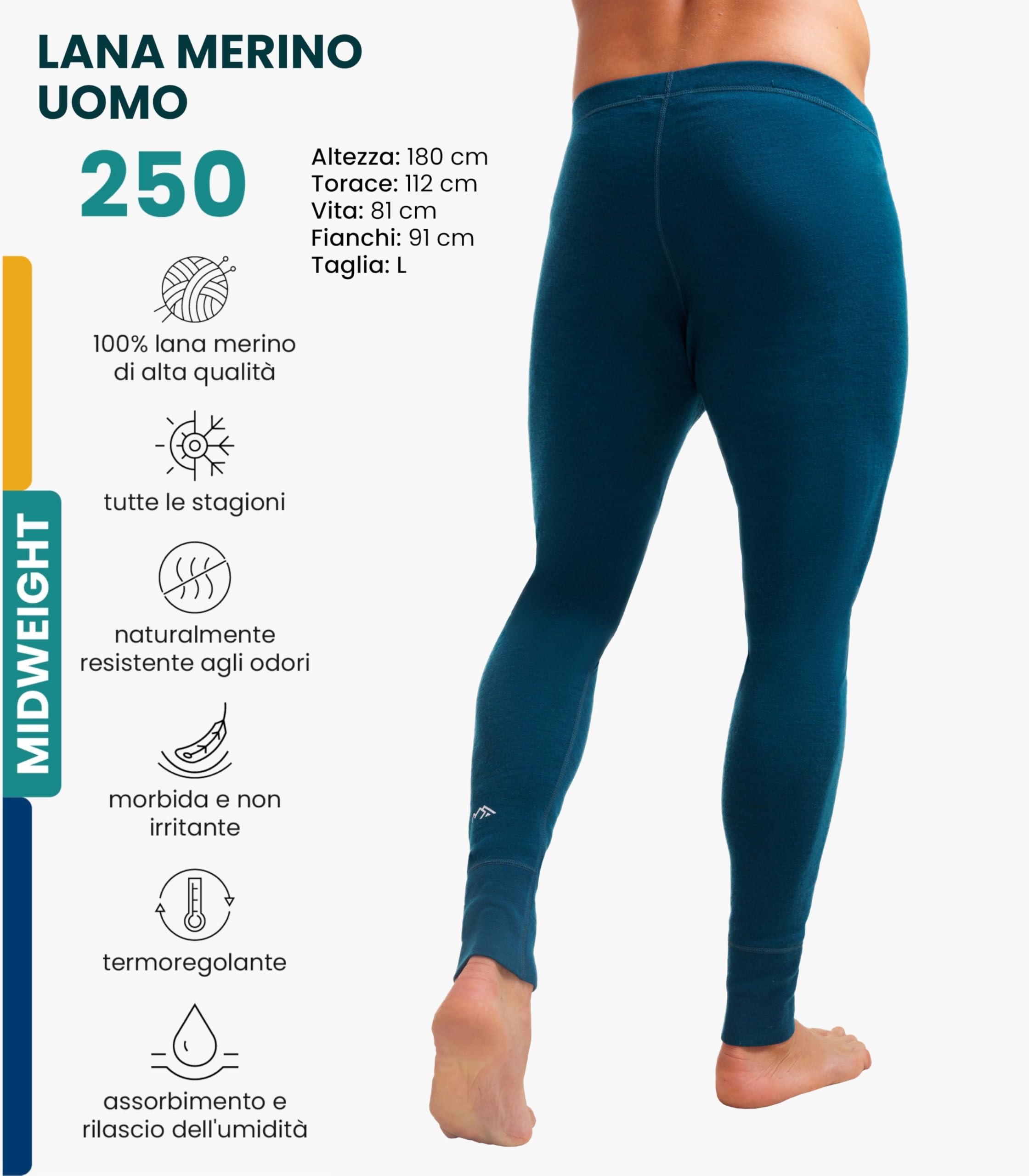 Merino.tech Pantaloni Termici Lana Merino Uomo Intimo + Calzini (Medium, 250 Deep Teal)