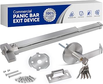 39" Commercial Door Push Bar with All 304 Stainless Steel Tail Cover, Grade 1 Panic Exit Device with Exterior Lever Handle & 6 Keys, Heavy Duty Emergency Hardware for Metal/Wood Doors