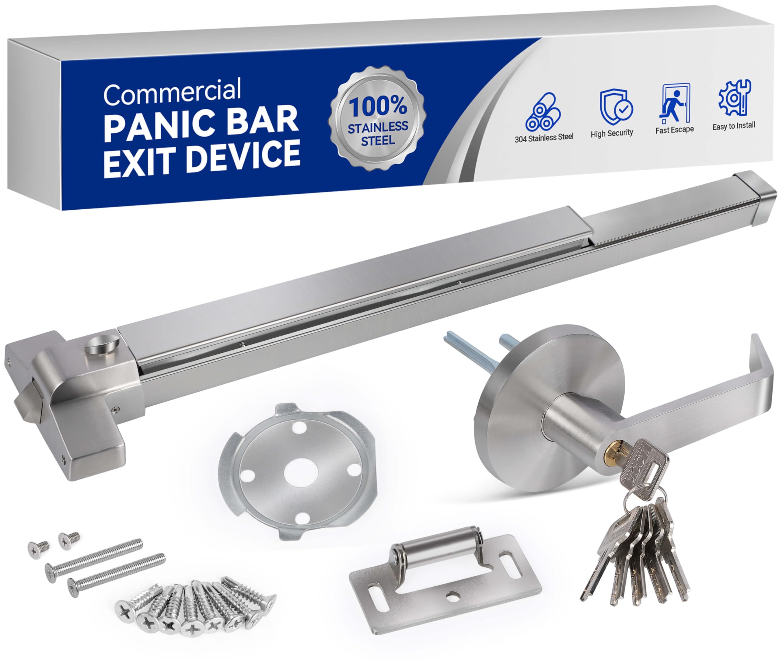 Barre anti-panique commerciale en acier inoxydable 304 avec poignée à levier extérieure, dispositif de sortie de 99,1 cm avec 6 clés pour sortie de secours, convient pour le métal, le bois et les
