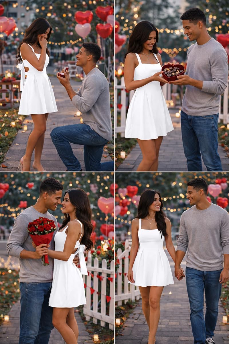 YMDUCH Women's Sexy Sleeveless Square Neck Adjustable Straps Bow Tie A-line Mini Party Club Dress - Image 7