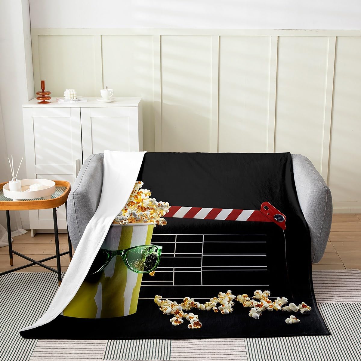 Film Theme Decor Throw Blanket, Clapboard Popcorn Filmstrip Print Fleece Blanket for Family Movie Themed, Home Theater Decor Soft Cozy Flannel Blanket, Throw Size for Sofa Bed Couch Chair Crib Travel