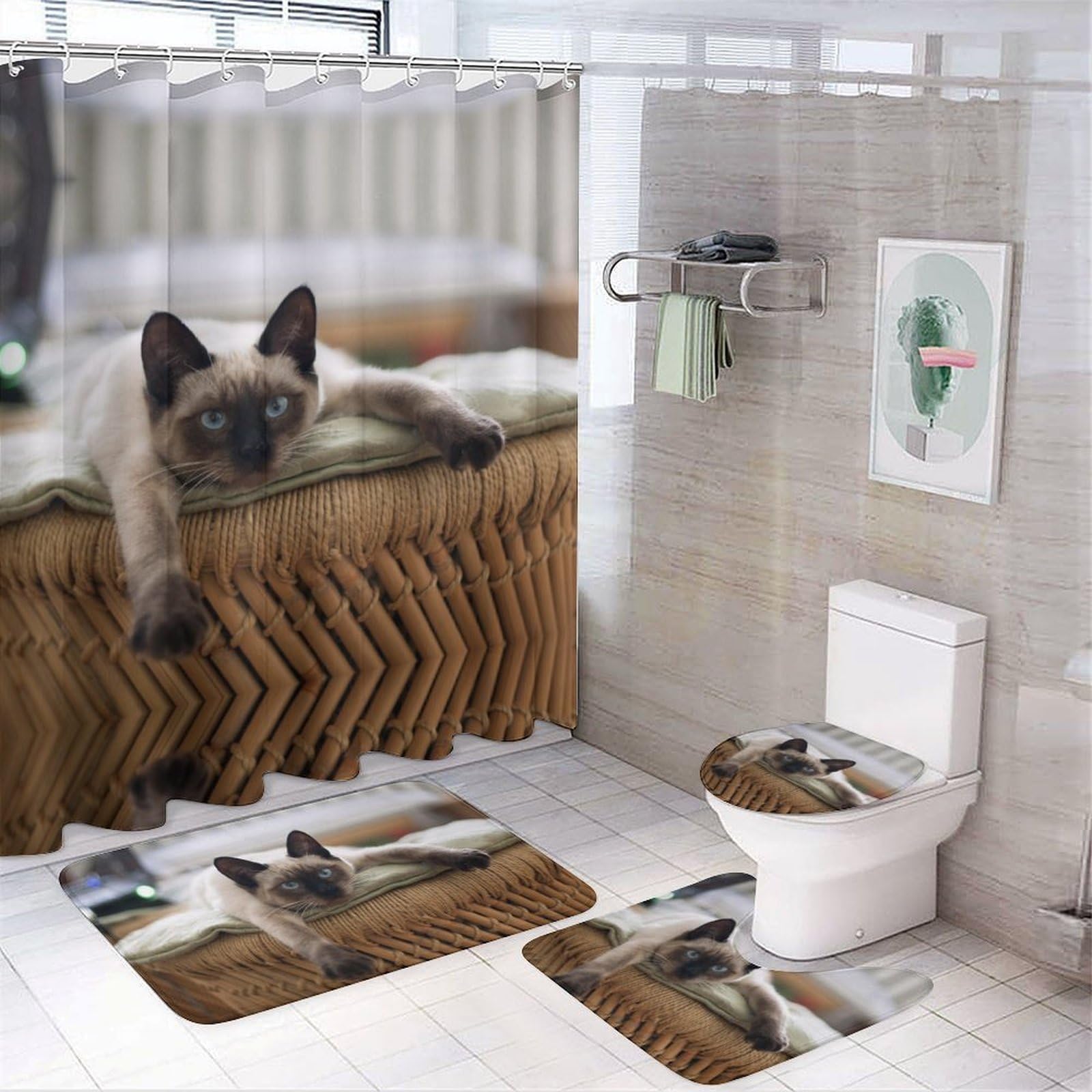 Lyfthologen Bathroom Mat Set 4 Piece, Siamese Thai Cat Mandala Shower Curtain with Non-Slip Bath Mats for Bathroom