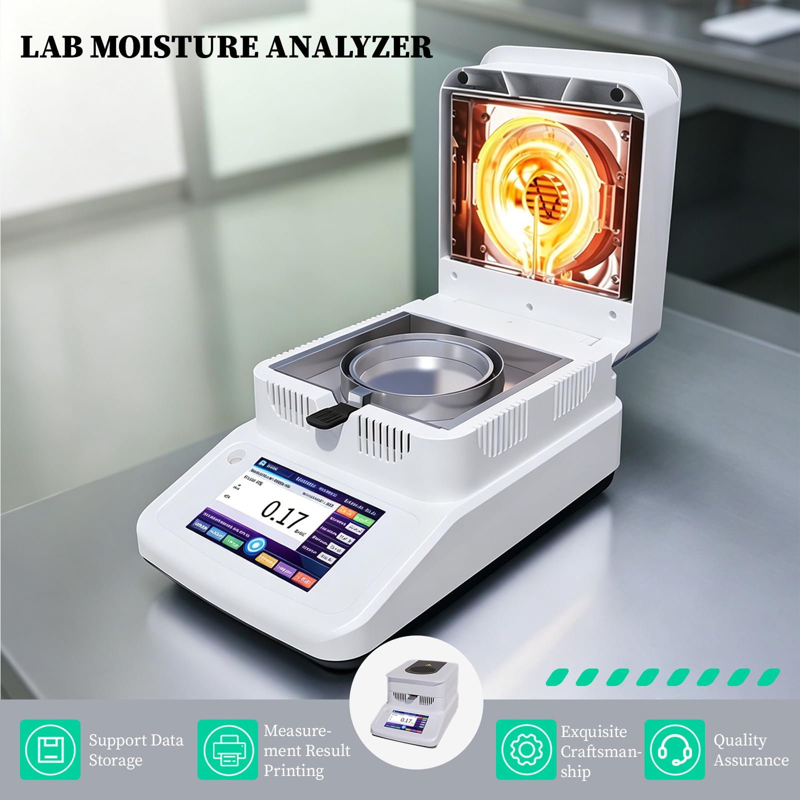 Digitaler Feuchtebestimmer, Halogen-Feuchtebestimmer, Hohe Genauigkeit 0,001 G, hocheffiziente Halogenlampenheizung, für Gummi/Tee/Getreide/Lebensmittel Accuracy0.005g