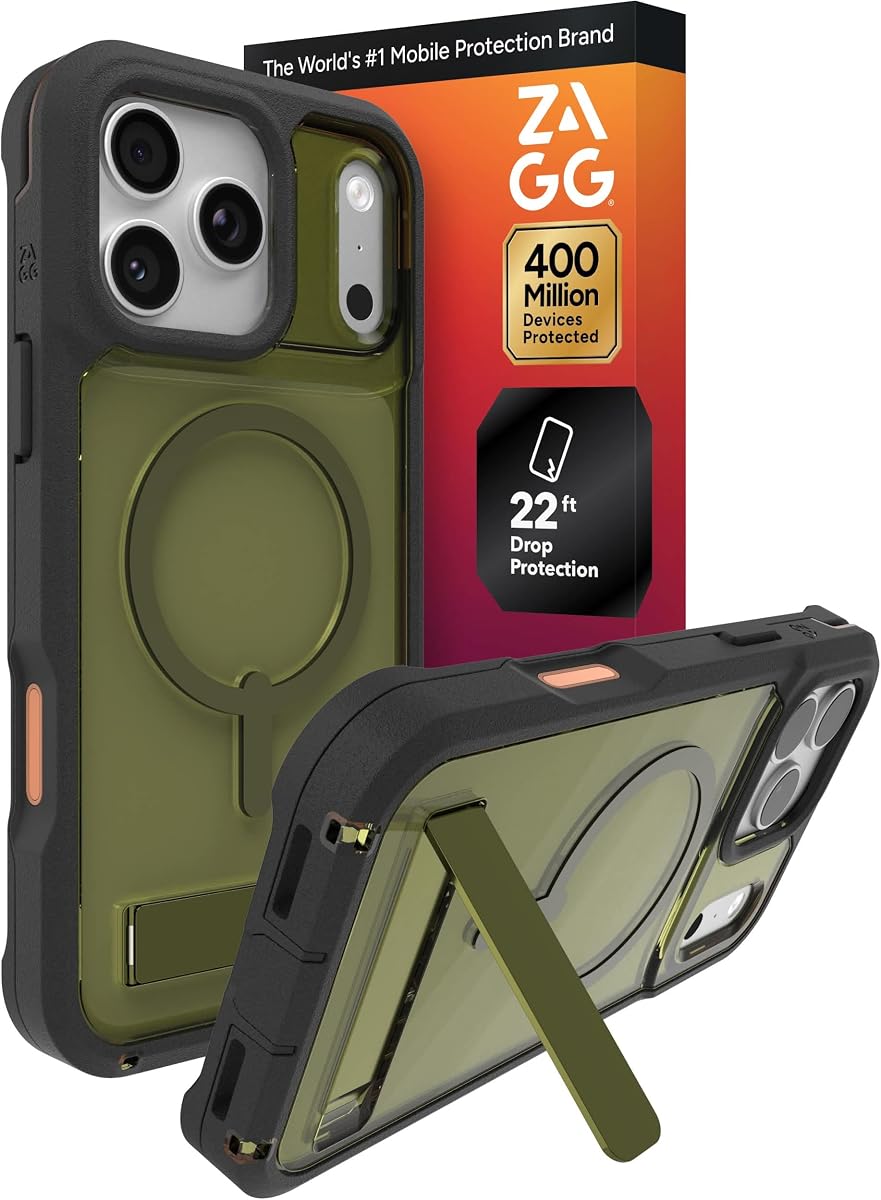 ZAGG Rainier Estuche con soporte para iPhone 17 Pro Max - Algas marinas verdes, protección contra caídas de grafeno desde 22 pies (7 m), puntos de fijación de cordón, MagSafe, compatible con carga inalámbrica, diseño de 2 piezas, estuche para teléfono