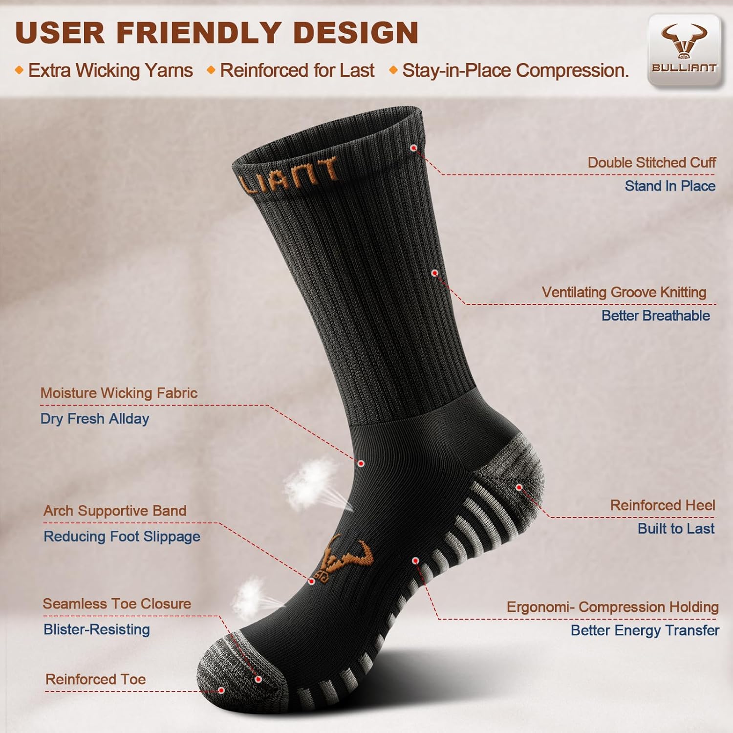 BULLIANT Men Socks,Athletic Crew Socks Compression For Men Sports Running Cushioned Footbed Non-blister Toe Brethable Wicking - Image 5