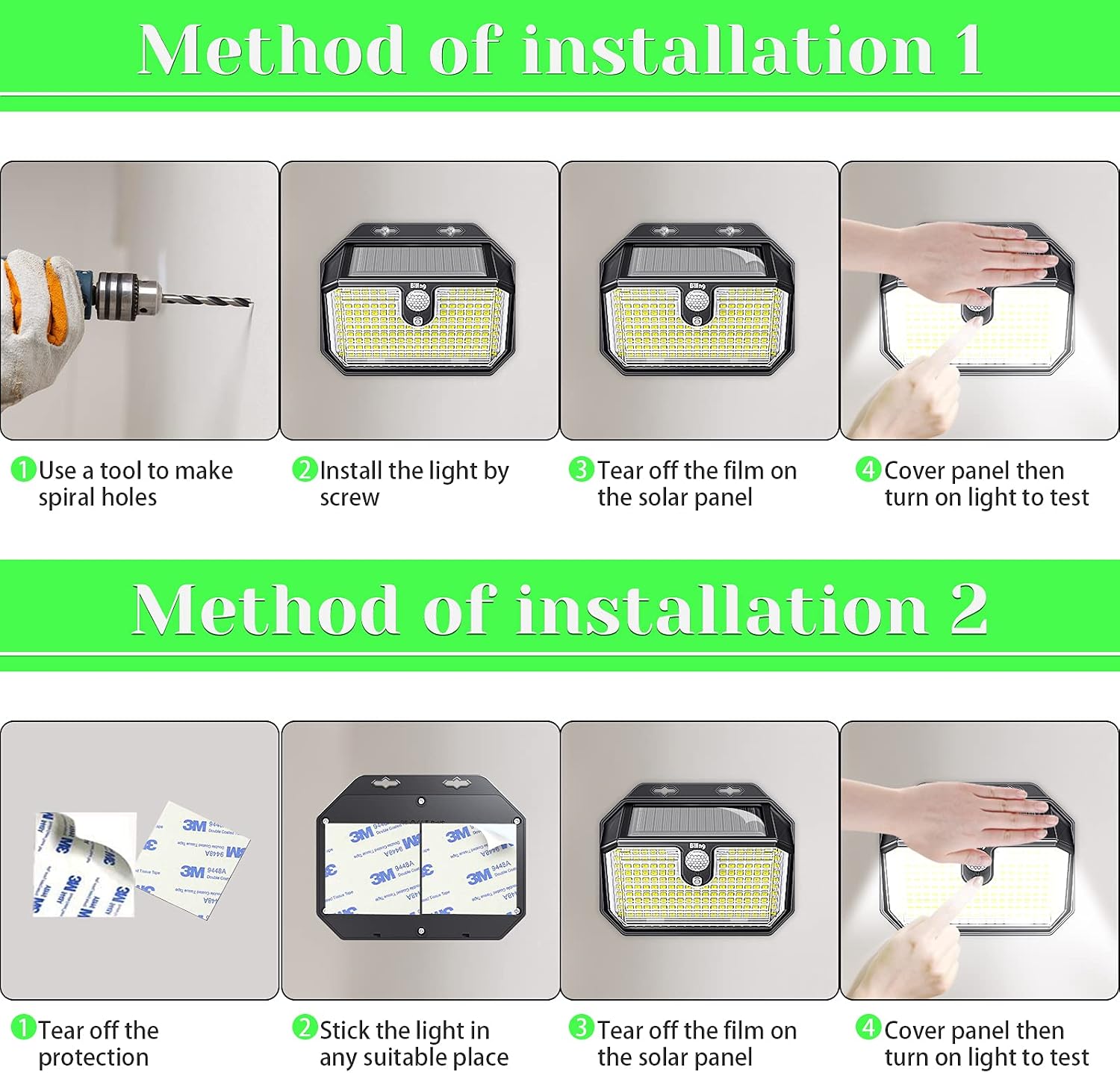 Biling Solar Motion Sensor Lights Outdoor, 202 LEDs Solar Security Light with Motion Sensor, IP65 Waterproof Solar Powered Wall Lights with 3M Tape for Deck Fence Porch Garden Yard Garage (4 Pack)