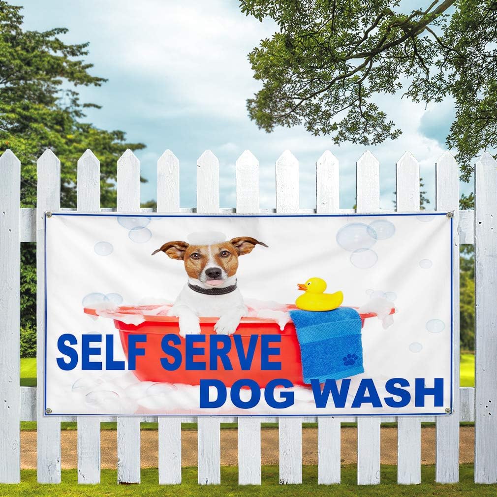 Vinyl Banner Sign Self Serve Dog Wash Business Self Serve Marketing Advertising Blue - 24inx36in, 4 Grommets, One Banner