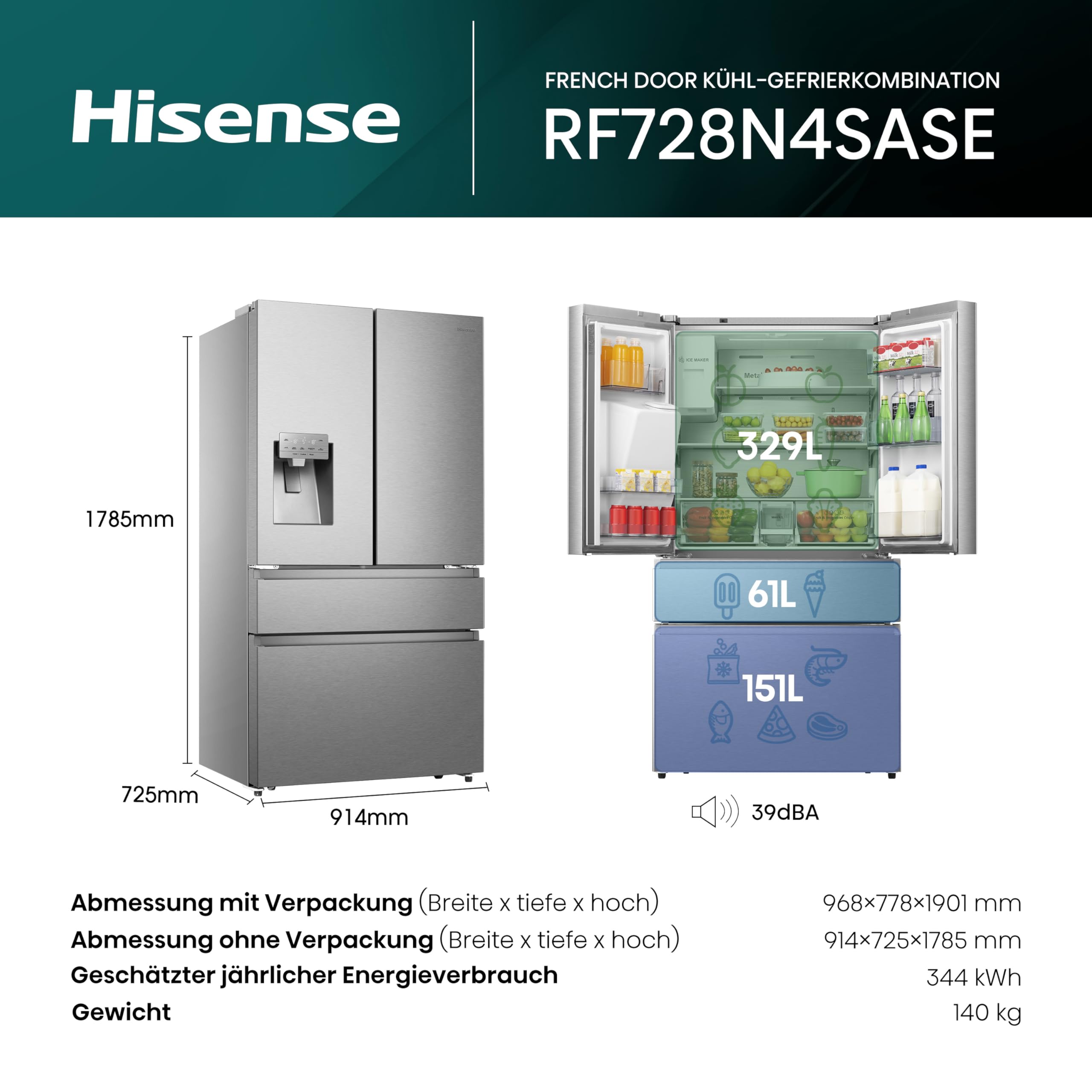 Hisense RF728N4SASE French Door Kühl-Gefrier-Kombination Premium Inox-Look – Bild 2