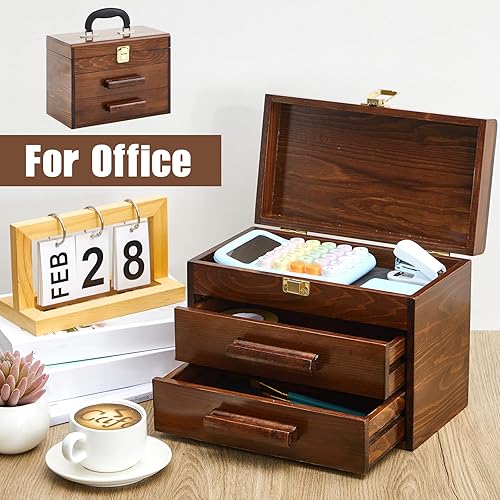 Miniatura 7 de Weysat Mini caja de herramientas de madera de 11 pulgadas con 2 cajones y almacenamiento superior, baúl de herramientas pequeño portátil con forro