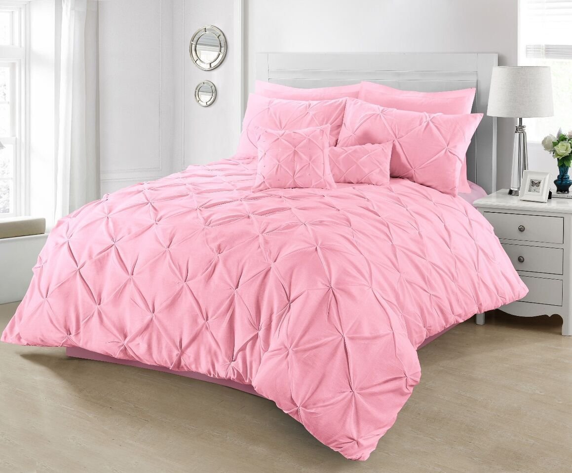 Axcent Comfort Pink Pinch Pleat Pintuck Comforter Set Double Size - Luxurious Pintucked Duvet Set Diamond Pleated Bed Covers Sophisticated Bed Linen (, Double)