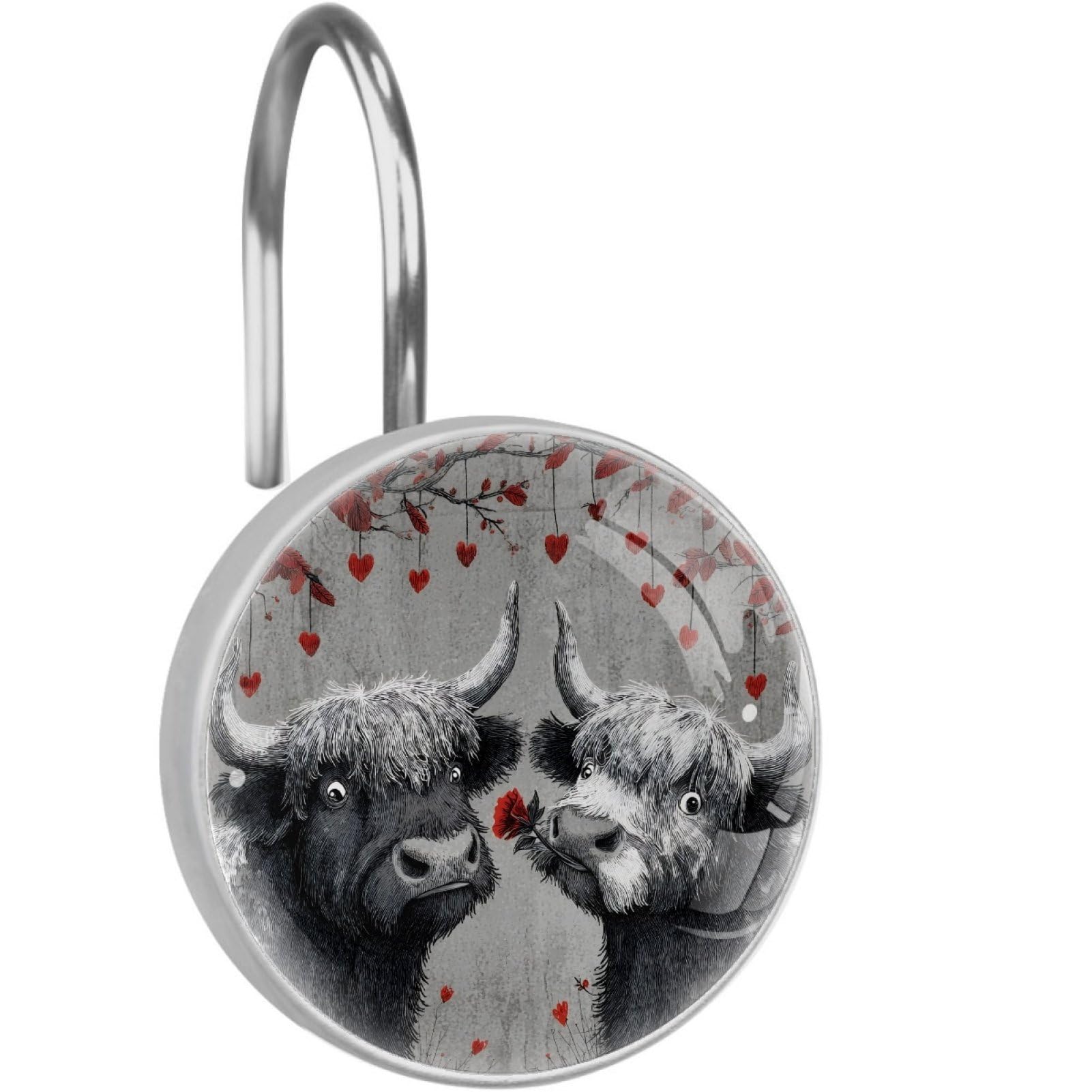 VAPOKF Decorative Shower Curtain Hook: Valentine's Day Highland Cattle Rustproof Stainless Steel Shower Curtain Ring for Bathroom - Shower Curtain Hook & Hangers - Set of 12