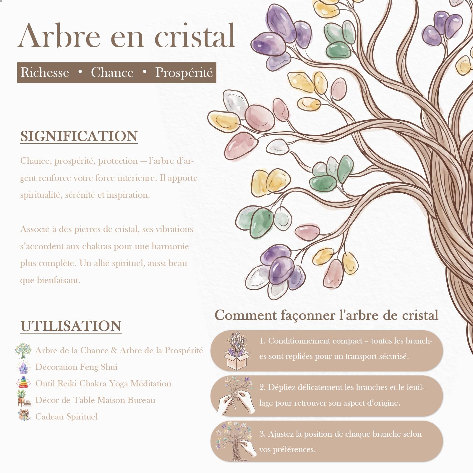 Nupuyai Quartz Rose Arbre de Vie en Pierre sur Base de Géode d'Améthyste Naturelle, Feng Shui Arbre de Cristal Fait à la Main pour Décoration Intérieure et Reiki Chakra