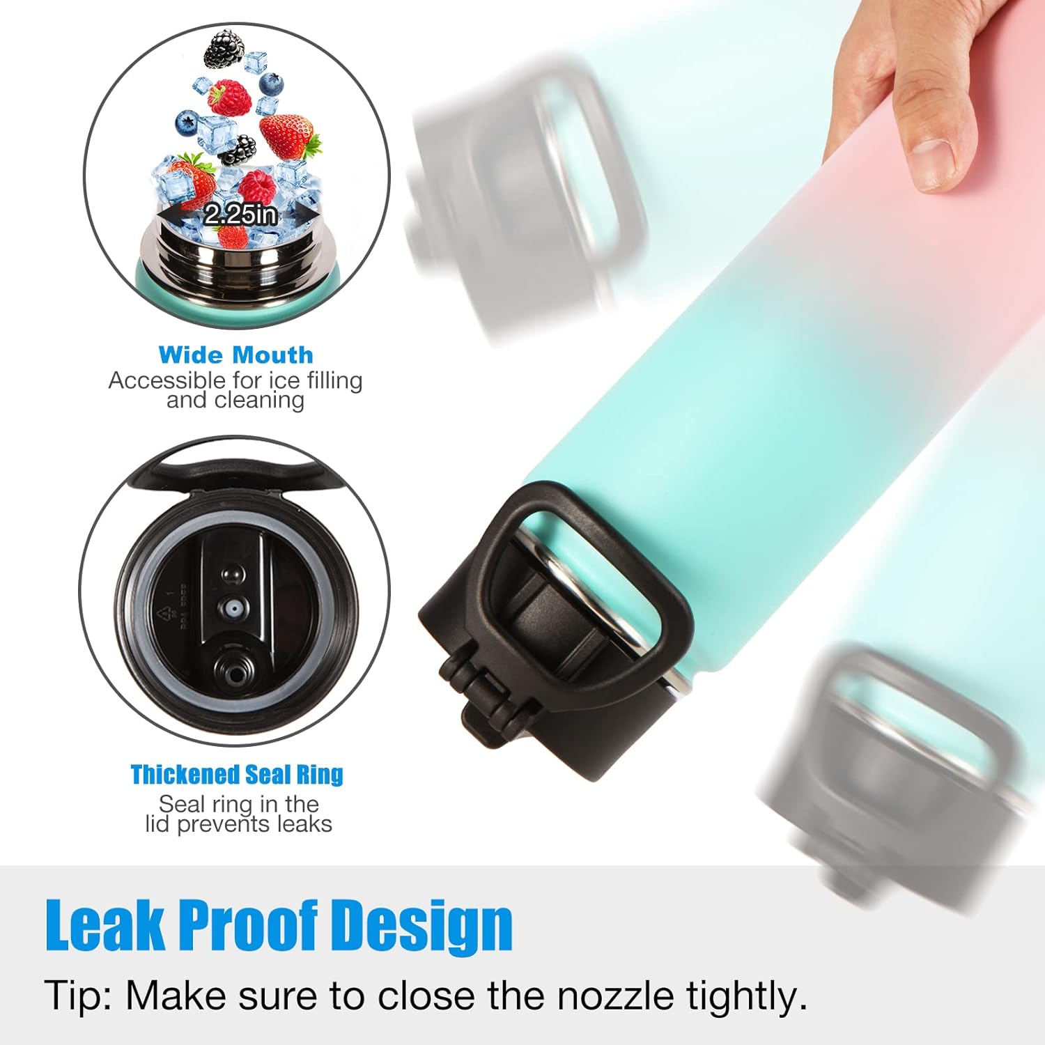 Volhoply Insulated Water Bottles with Straw Bulk 2 Pack, 22 oz Stainless Steel Sport Bottle with Handle Lid,Metal Travel Water Cups with Wide Mouth,Reusable Water Flask for School(Green Pink,2 Set) - Image 4