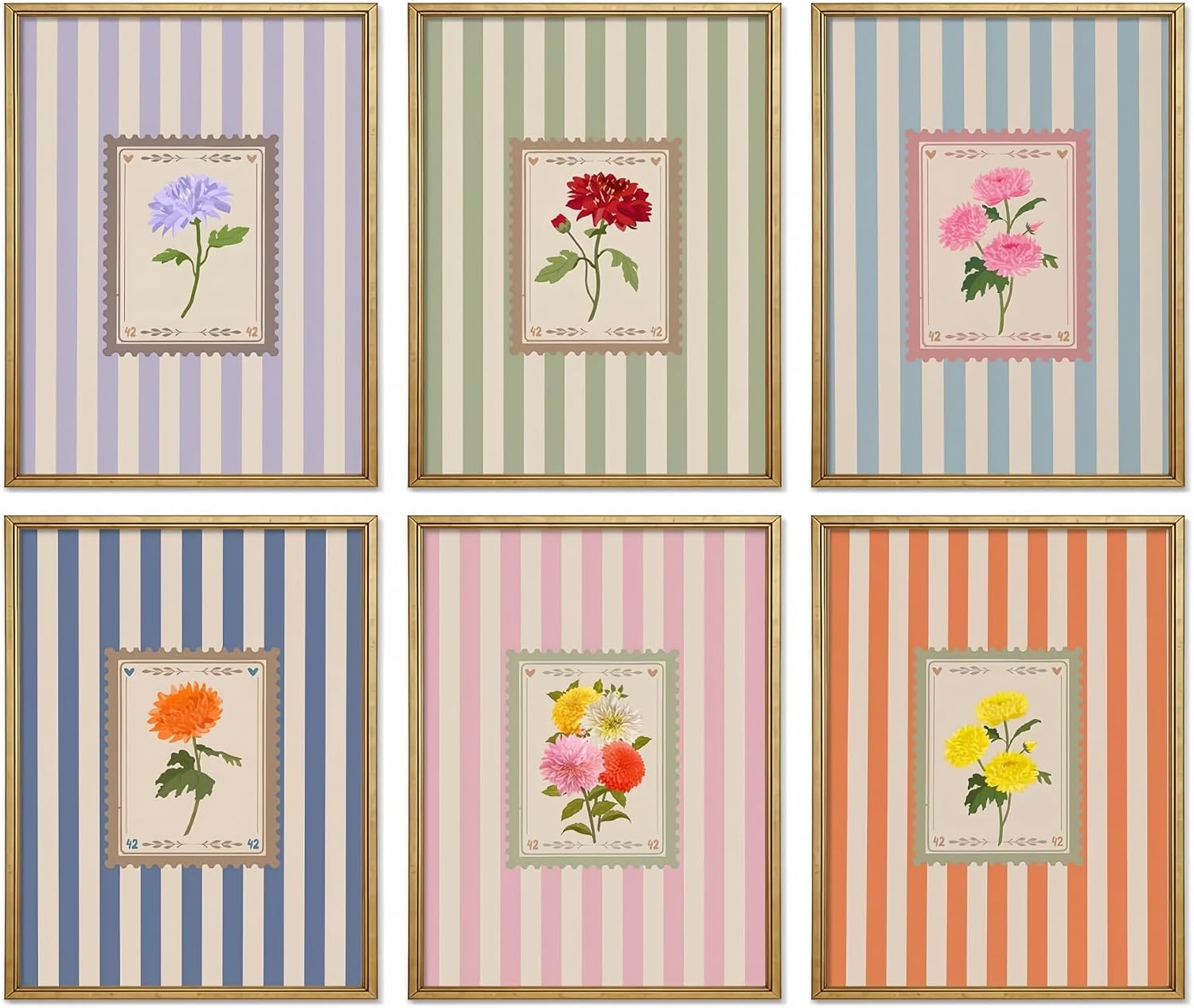 Vintage Floral Posters Wall Art Decor Set of 6, Coquette Cute Stripe Botanical Stamp Canvas Wall Decor Painting, Colorful Flower Artwork Posters Prints for Bedroom Living Girls Room Dorm Home Decoration 8x10 Unframed