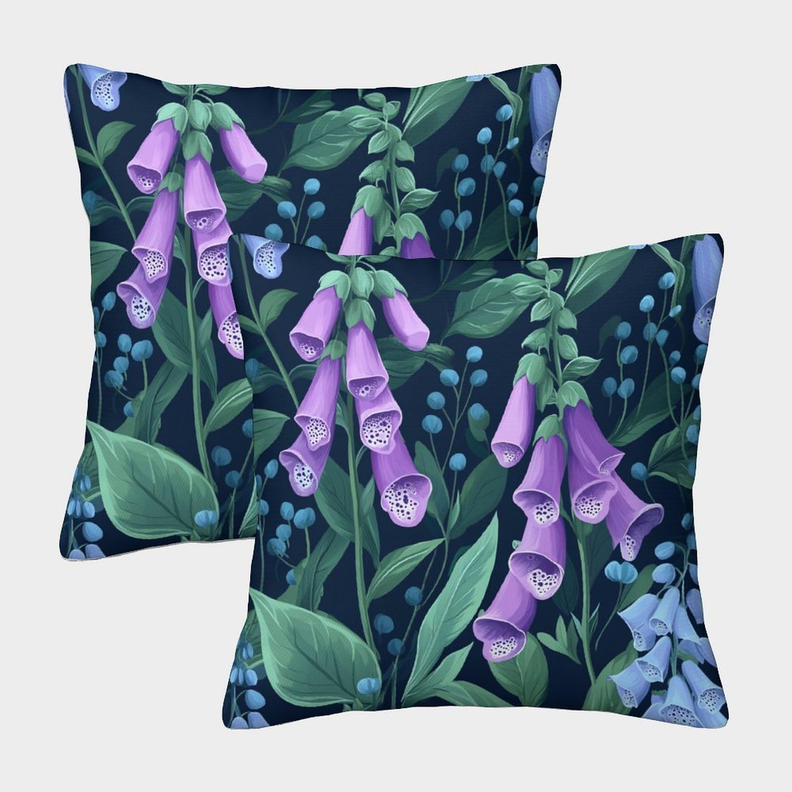 kaiyun 2 Pack Foxgloves And Bluebells Square Pillow Cover Cushion Cover 40x40cm Suitable for Sofa Bed Chair,3D Dark Blue And Green Pattern