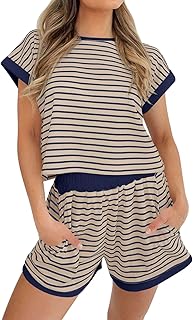 Womens Summer 2 Piece Sets Striped Short Sleeve T Shirts and Shorts Loungewear Matching Set