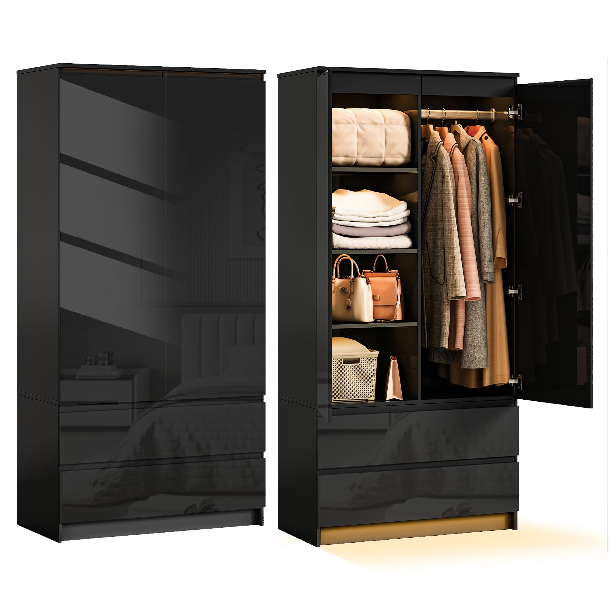 Armario Ropero 2 Puerta, Armario Multiusos Avec luz led con Sensor de Movimiento, Avec 2 Tiroirs, Organizador de Ropa y Almacenaje para el Dormitorio (Negro)