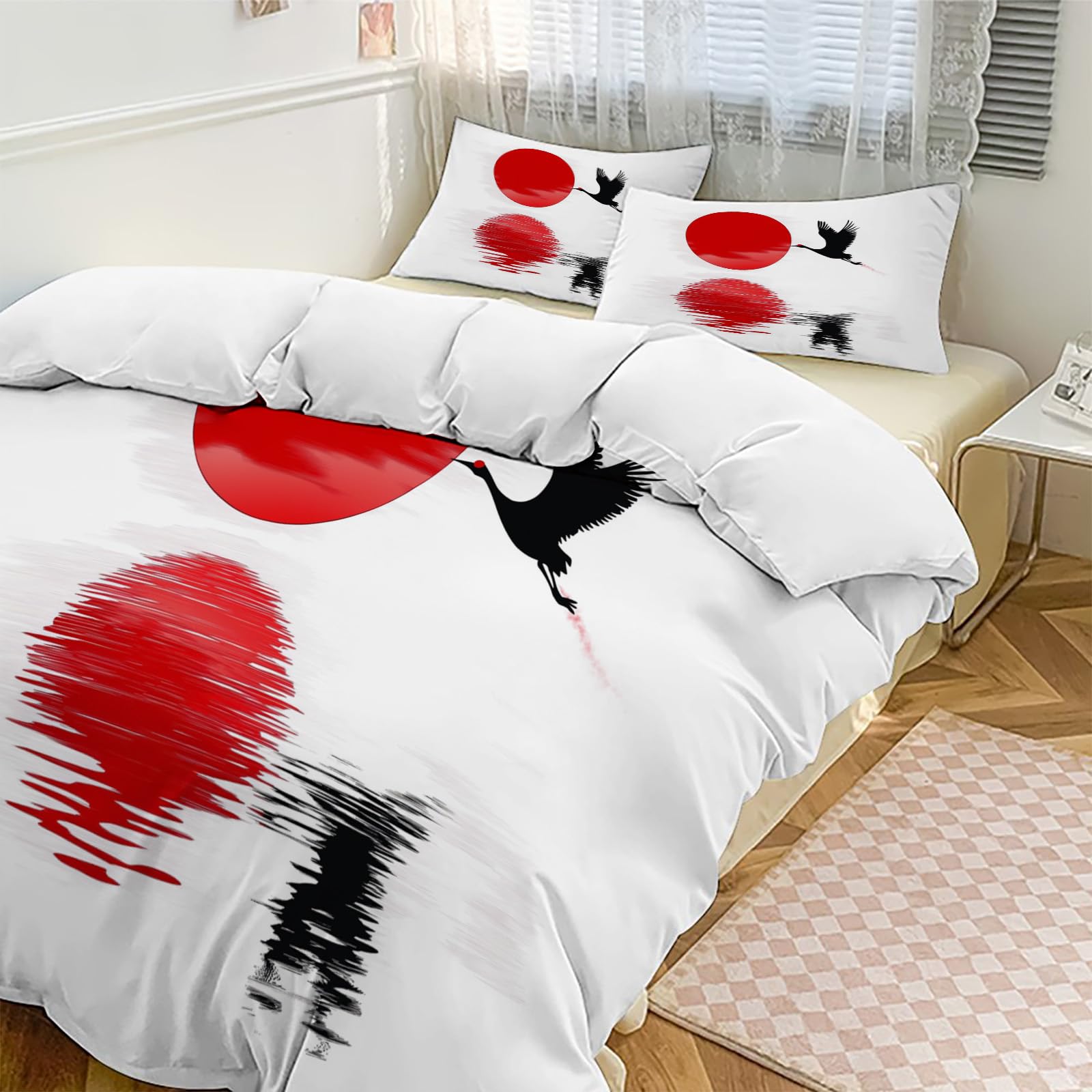 Housse de couette japonaise 3D fleurs lit adulte coucher soleil