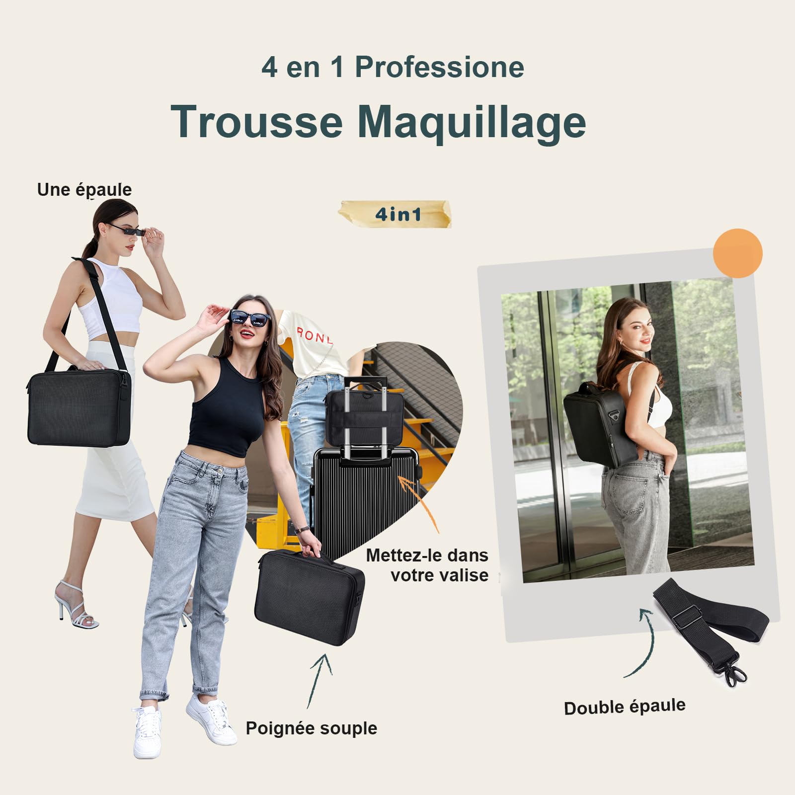 Trousse Maquillage Oxford Tissu Makeup Bag Sac Maquillage Femme Mallette à Ongles Rangement Organiseur Coiffure à Manucure Beauty Case de Voyage y Bandoulière Bijoux Boîte Professionnel, Noir