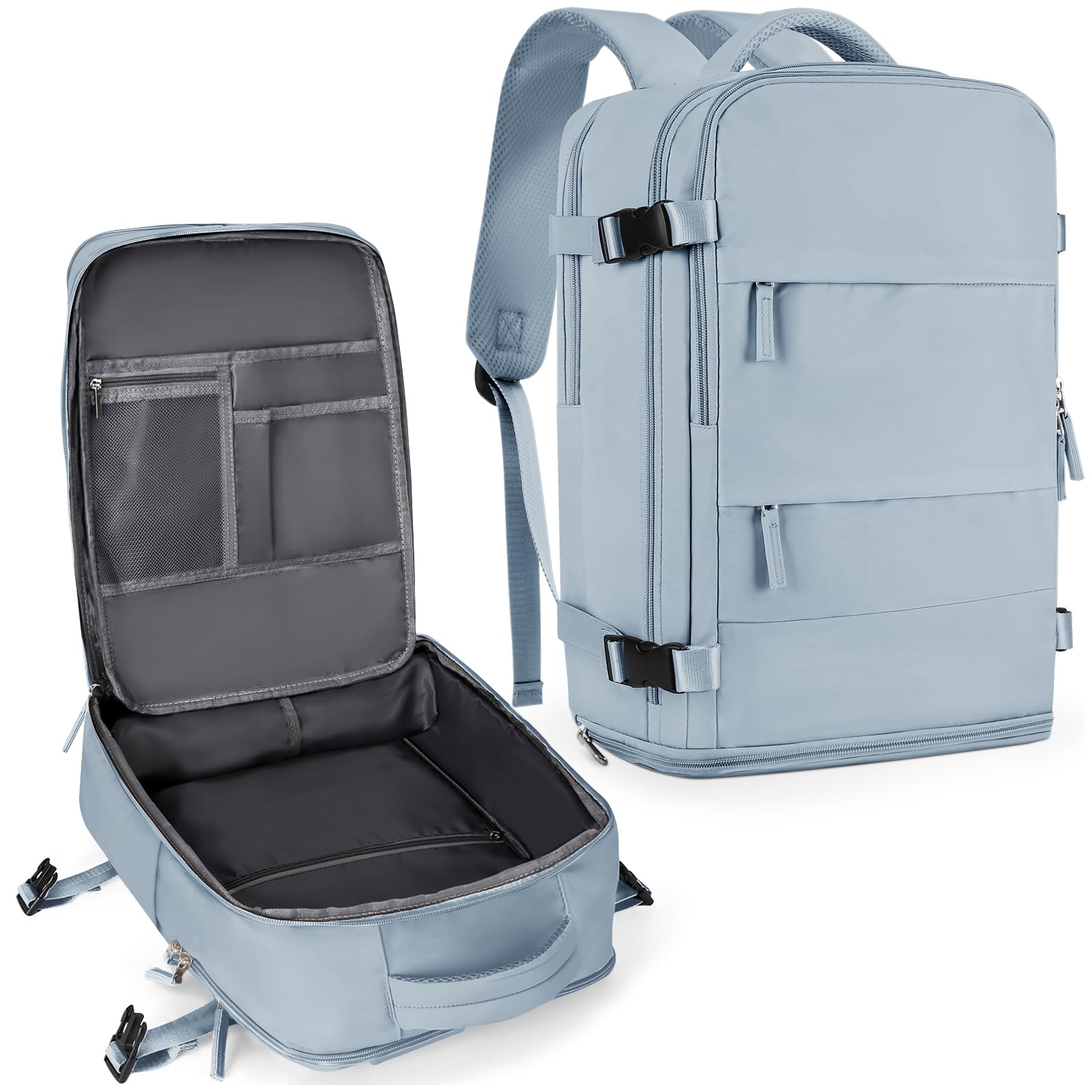 coowoz Large Travel Backpack For Women Men,Carry On Backpack Flight Approved,Hiking Backpack Waterproof Outdoor Rucksack Casual Daypack Fit 15.6 Inch Laptop Shoes Compartment,30L (Gray Blue)