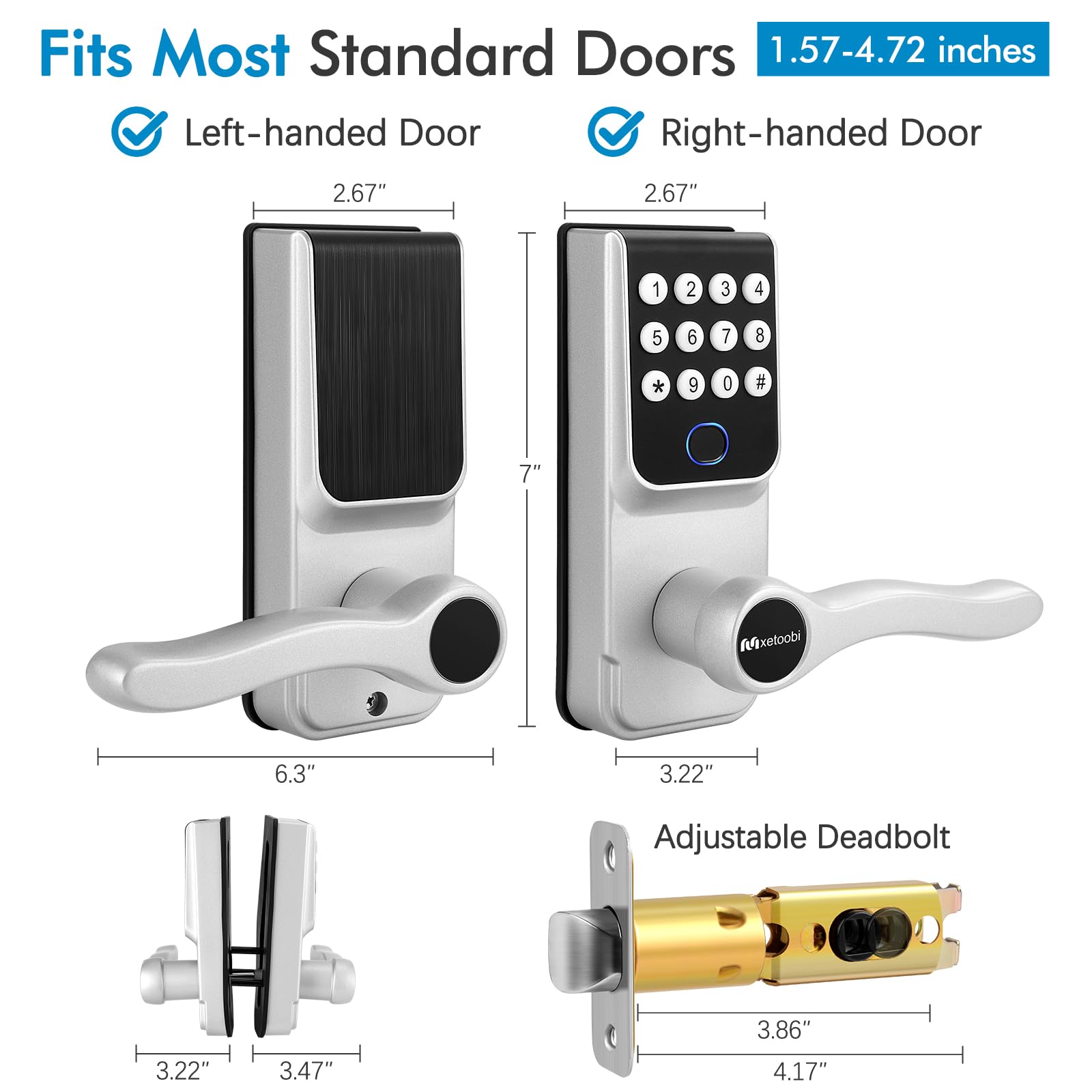 Mxetoobi Keypad Smart Lock with Handle for Front Door, 5-in-1 Control by Fingerprint/Password/APP/E-Key/Key, Simple and Reliable, 12 Months Battery Life, Easy Installation (MT-B16-S)