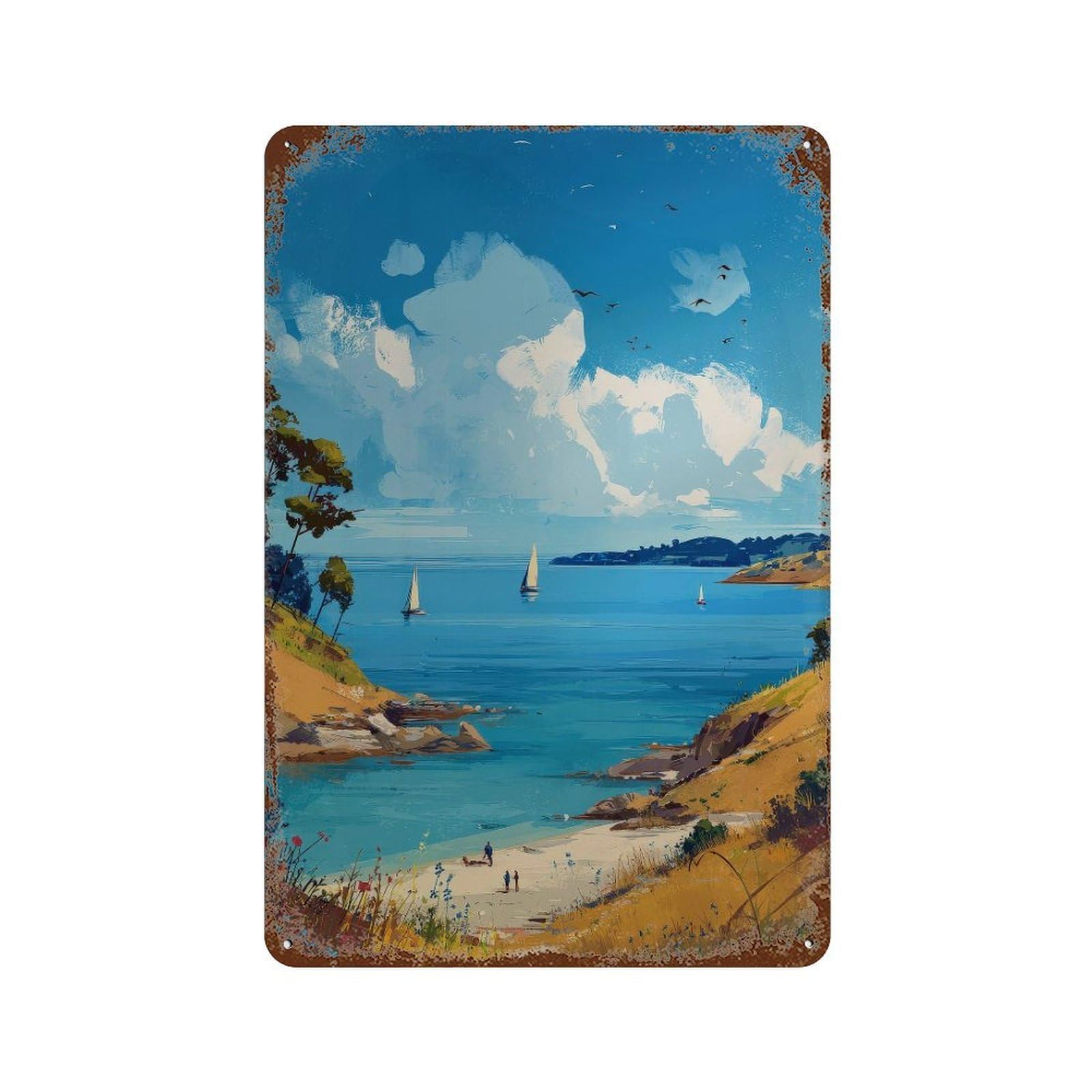 xiaoxiaoshen Seaside Landscape. Coastal Impressionist Wall Decor Art Metal Tin Poster Modern Home Decor Art Home Bar Shop Decorations Vintage Sign 30x20cm
