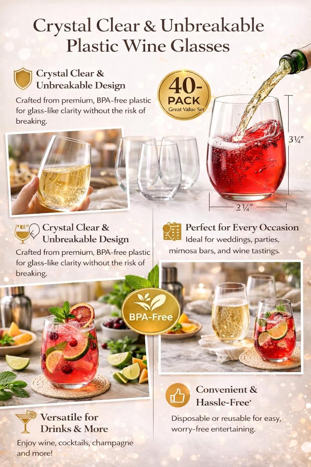 Oojami 40 Pack 12 Ounce Stemless Unbreakable Crystal Clear Plastic Wine Glasses (12 Ounces) - Image 3