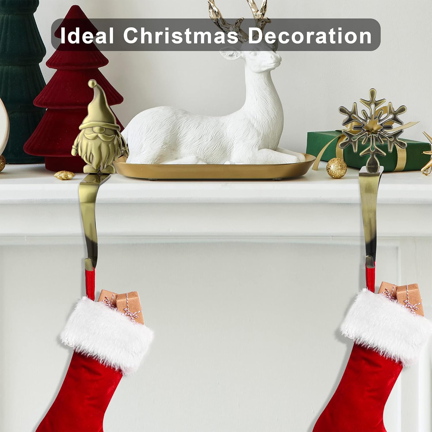 URATOT Christmas Stocking Holders Non-Slip Metal Stocking Hooks Mantel Stocking Holders Hanger in 5 Designs for Christmas Decoration, Bronze, Set of 5