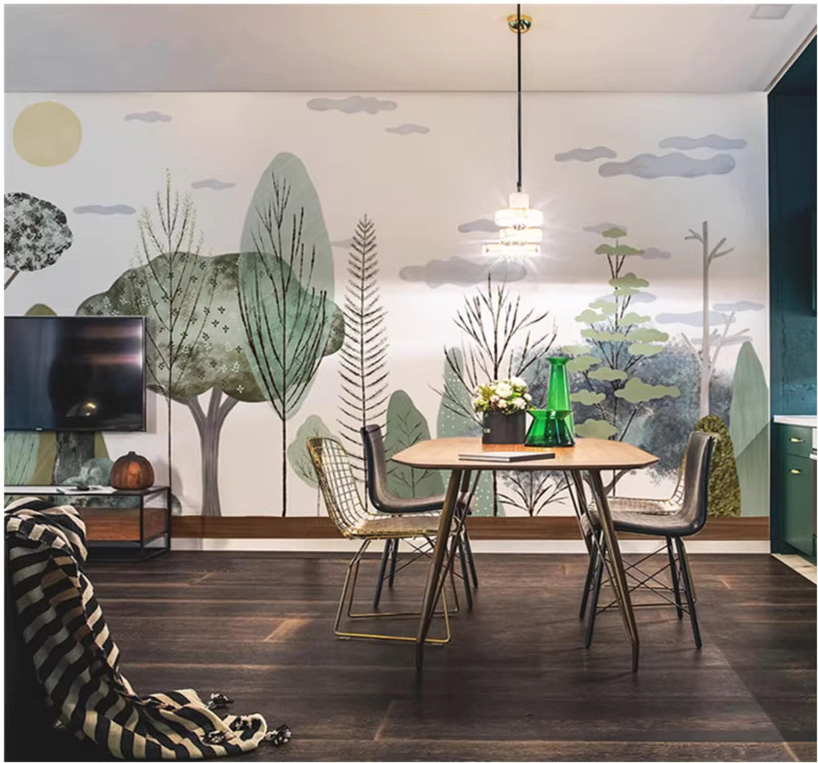 Xlming 430Cm×300Cm(B×H) Vintage Hand Drawn Woodland Sunrise Landscape 3D Wallpaper Luxury Silk Study Dining Feature Sofa Grey Bedroom Living Room Tv Decorative Wall-430Cm×300Cm