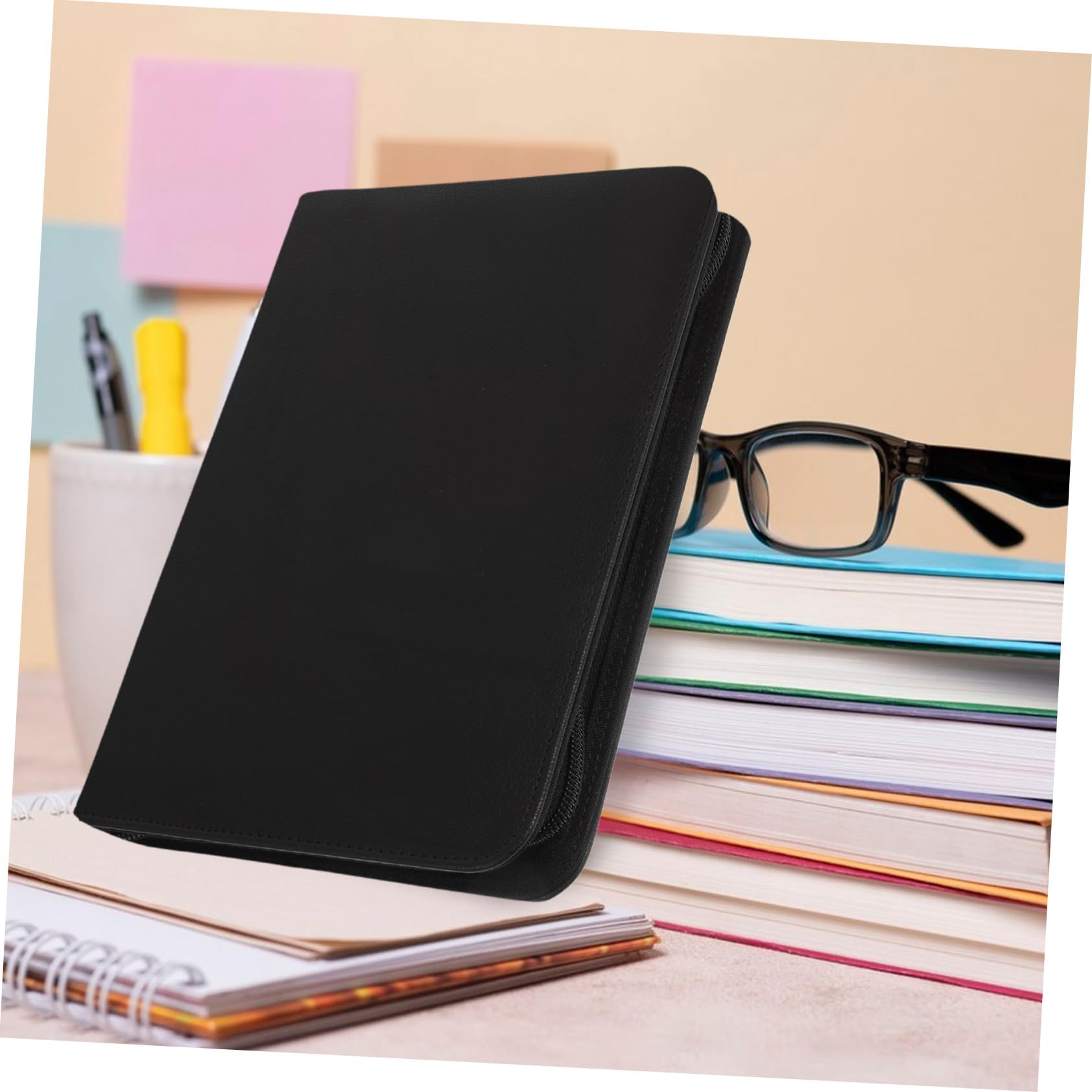 Carpeta Portadocumentos de Pu Negro Gran Capacidad y Cierre de Cremallera, Organizador Profesional para Documentos y Papelería en Oficina