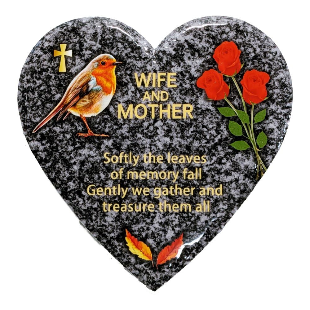 In Memoriam Heart Shaped Tile Grave Plaque (20 x 20 cm Granite finish) (Wife and Mother, Heart 20 cm (Granite))