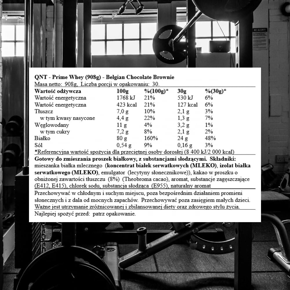 QNT Prime Whey brownie chocolat belge, 79% de Whey Protéine, contient de l’isolat de whey, aide à augmenter le volume et la force des muscles, riche en BCAA et sans sucre ajouté, 908g, 30 doses