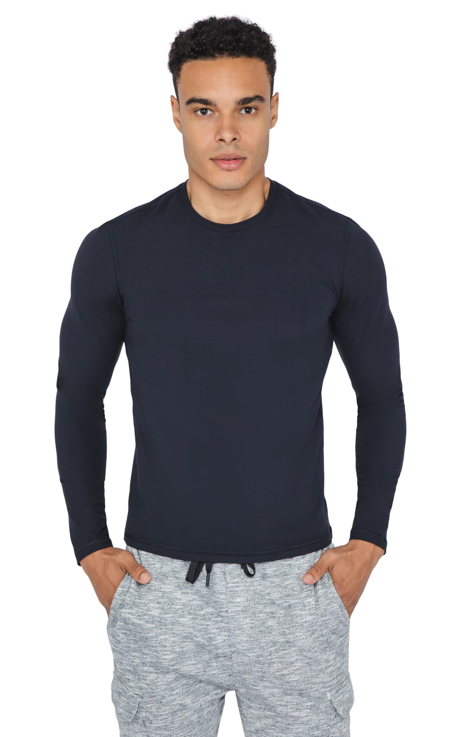 90 Degree By Reflex Men’s Dry Fit Soft Crew Neck Long Sleeve Shirt Fitted Top - Black - Large