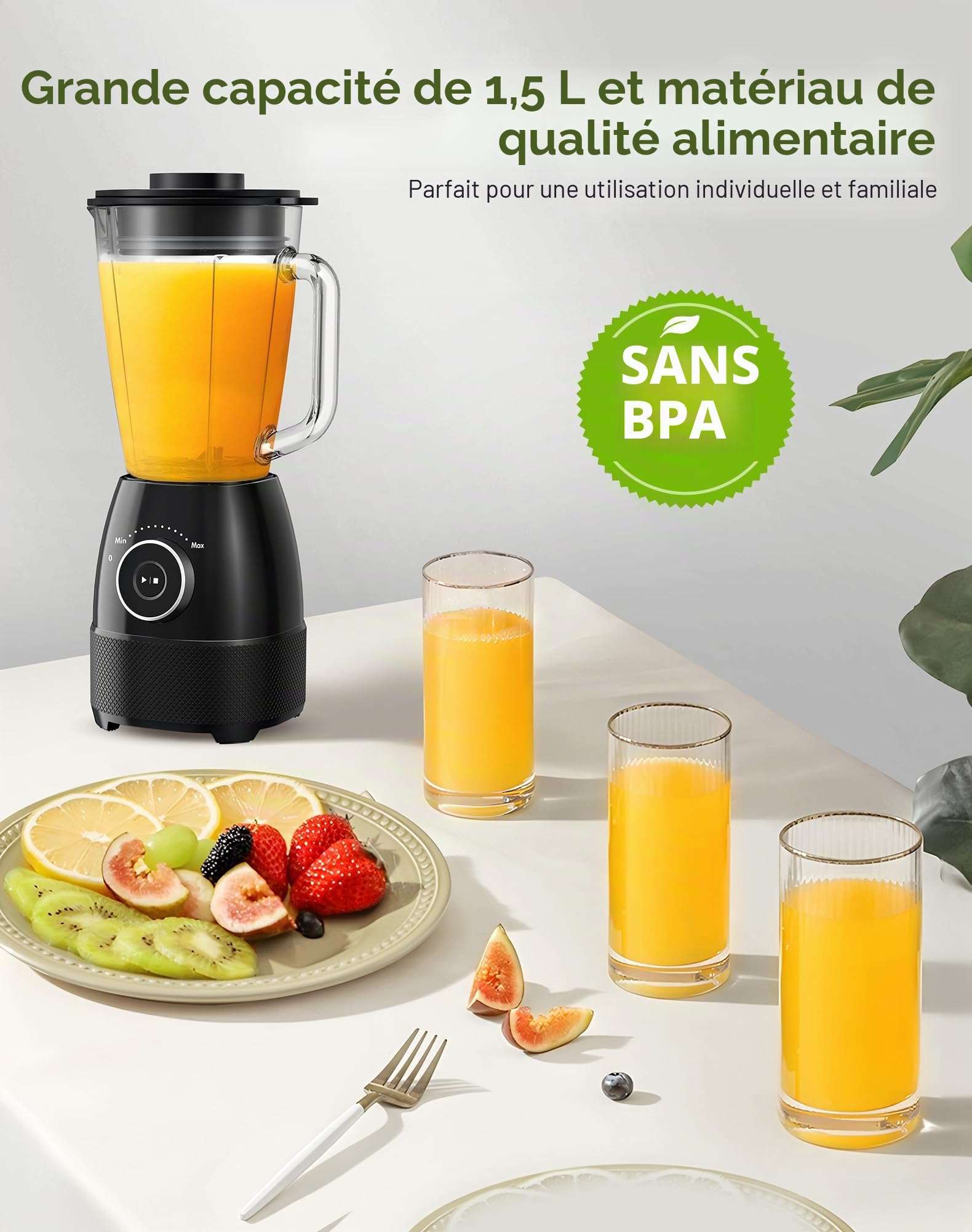 Blender Mixeur, 1500W Blender Smoothie 24000 tours/min, 12 Vitesse ajustable, 6 Lames en acier Inox avec Bol en verre 1,5L /bouteille de sport de 600 ml sans BPA Utilisation & Nettoyage facile