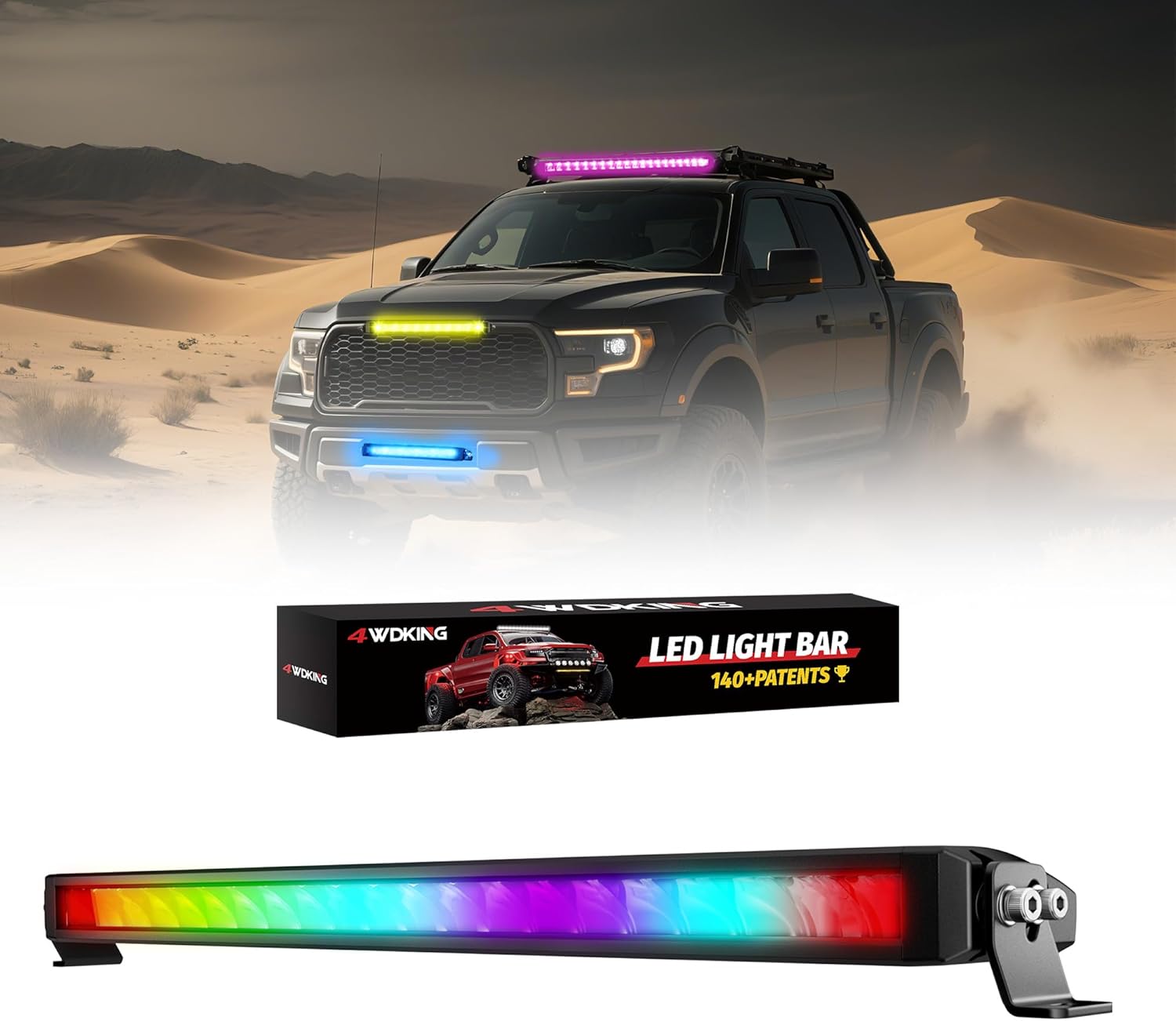 4WDKING Patented RGB Offroad LED Lights Driving/Fog/Pod Lights LED Bar for Trucks/Cars/Jeep/Boat/ATV/UTV Super Bright IP68&IP69K Multi-Color Working Beam Lamp (22 inch)
