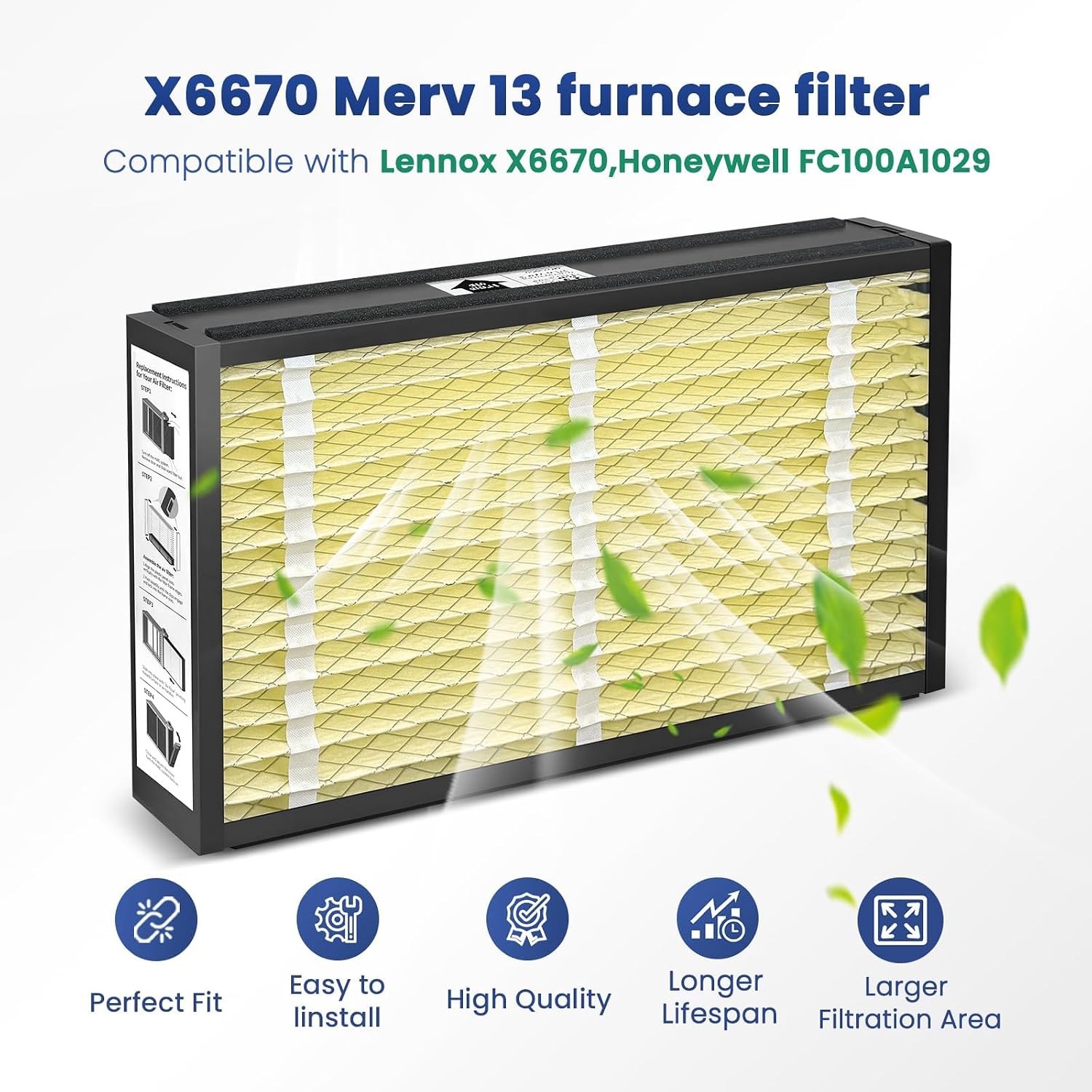 1-Pack 16x25x5 Air Filter MERV 13 Superior Pet & Allergy Defense, Pleated HVAC AC Furnace Filters Compatible with Lennox X6670 (Actual Size: 15.75 x 24.75 x 4.38inch)