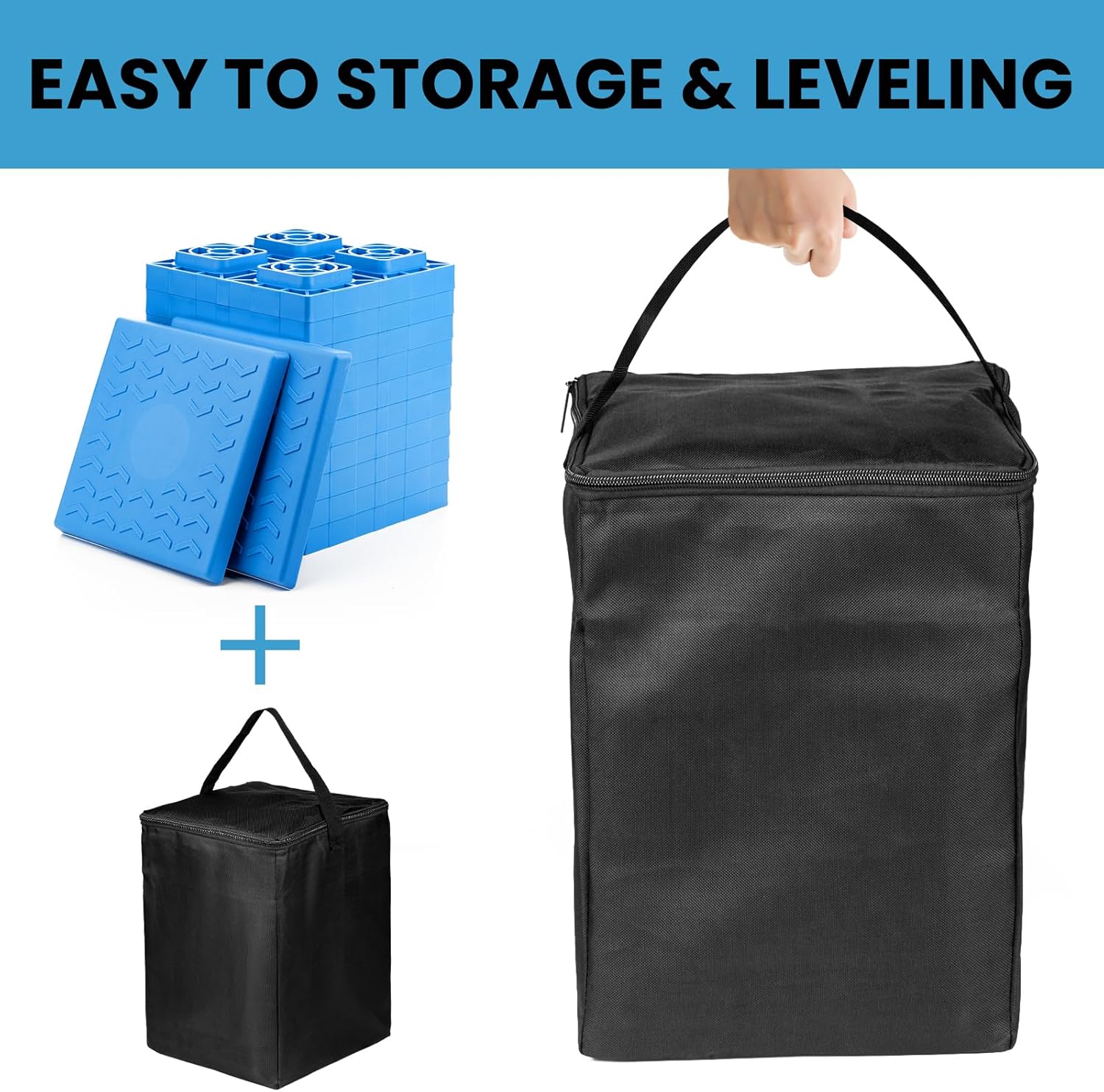 RV Leveling Blocks - 12 Pack Heavy Duty Camper Leveling Blocks with Handbag and T-Shaped Bubble Level - Anti-Slip Design Stabilizer Jack Pads for Camper Travel Trailer