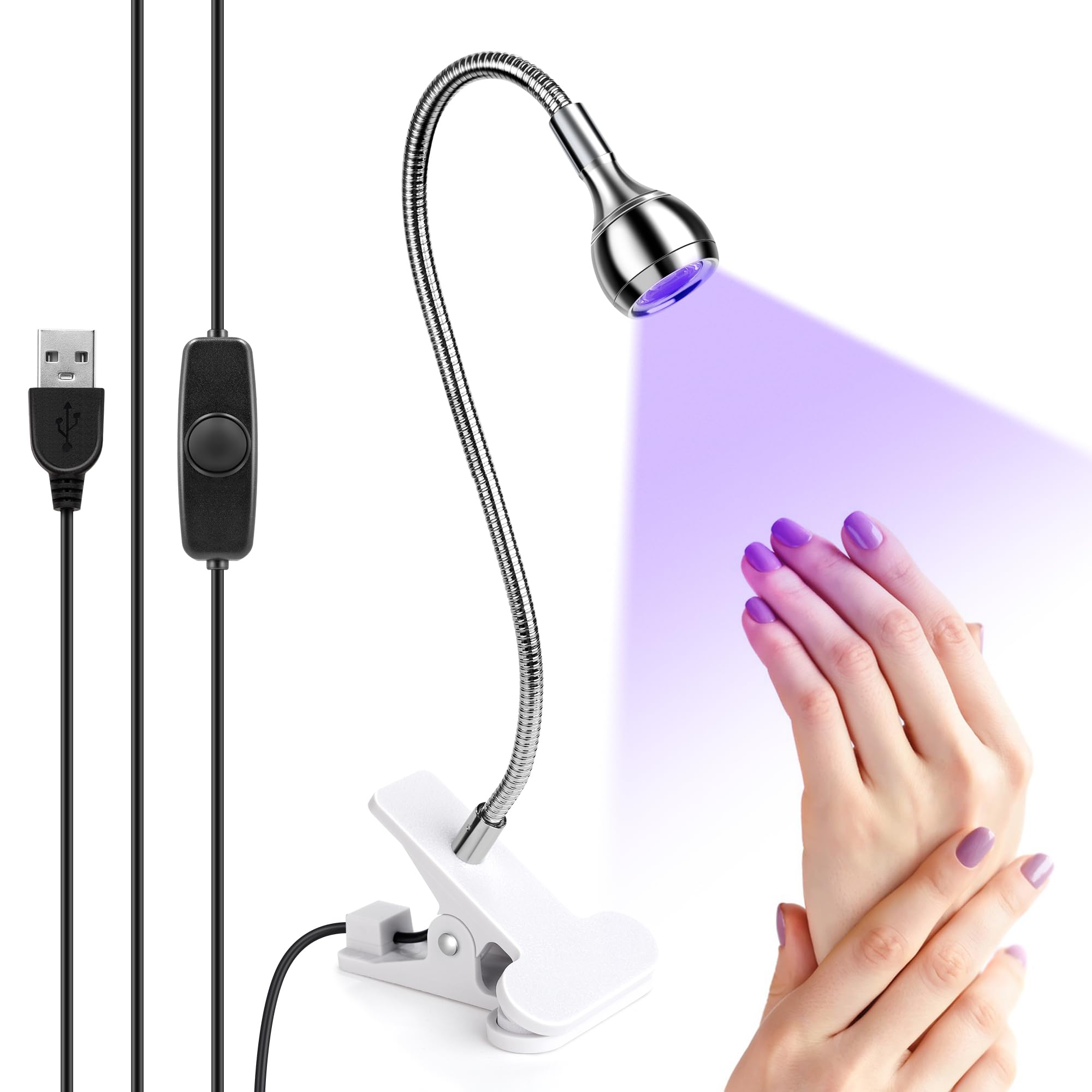 5W da Lampada LED UV per Gel Unghie, Luce LED per Unghie con Collo di Cigno Flessibile e Clip con Fusibile, Piccola Macchina per Asciugare le Unghie e Indurire il Gel con Lampada UV Rotante, Argento.