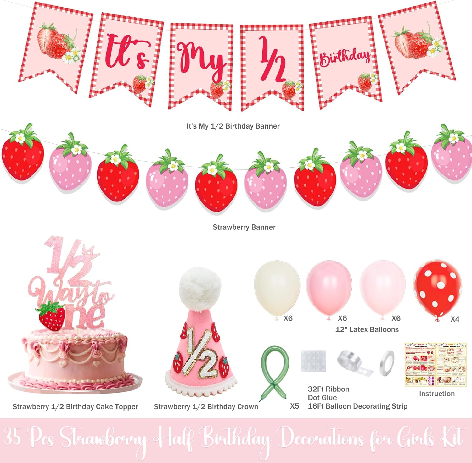 Strawberry Half Birthday Decorations, 6 Months Birthday Decorations, Strawberry It’s My 1/2 Birthday Banner, Balloons, 1/2 Way To One Banner, Crown for Half Way To One Baby Girl Party Supplies