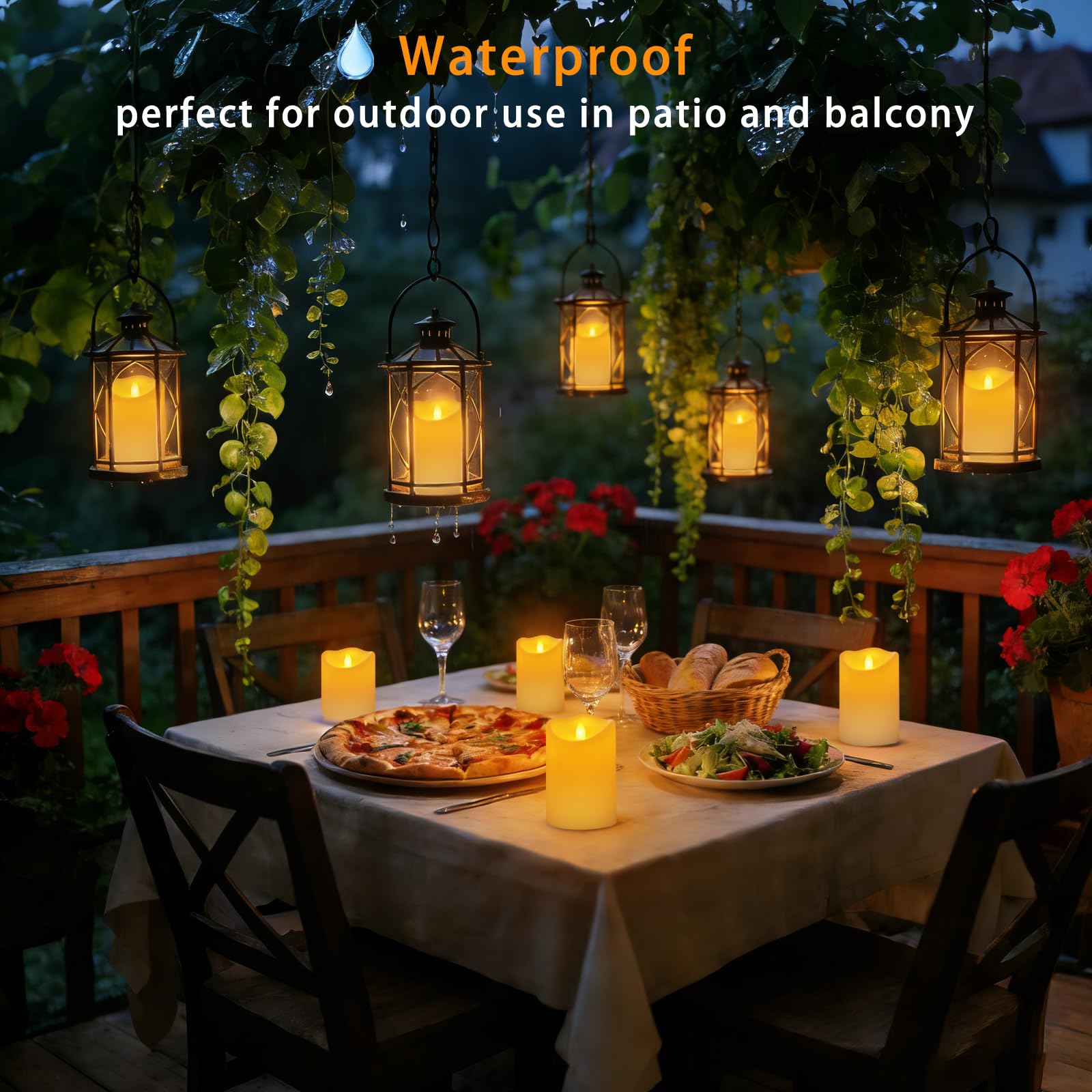Haown Outdoor Indoor Flameless Candles, Patented 3D Dual-LED, Set of 6 Slanted Top Durable Plastic Pillars with 2 Remotes & Timer, Non-Melting Waterproof Battery Candles for Patio Garden (Ivory) — view 5